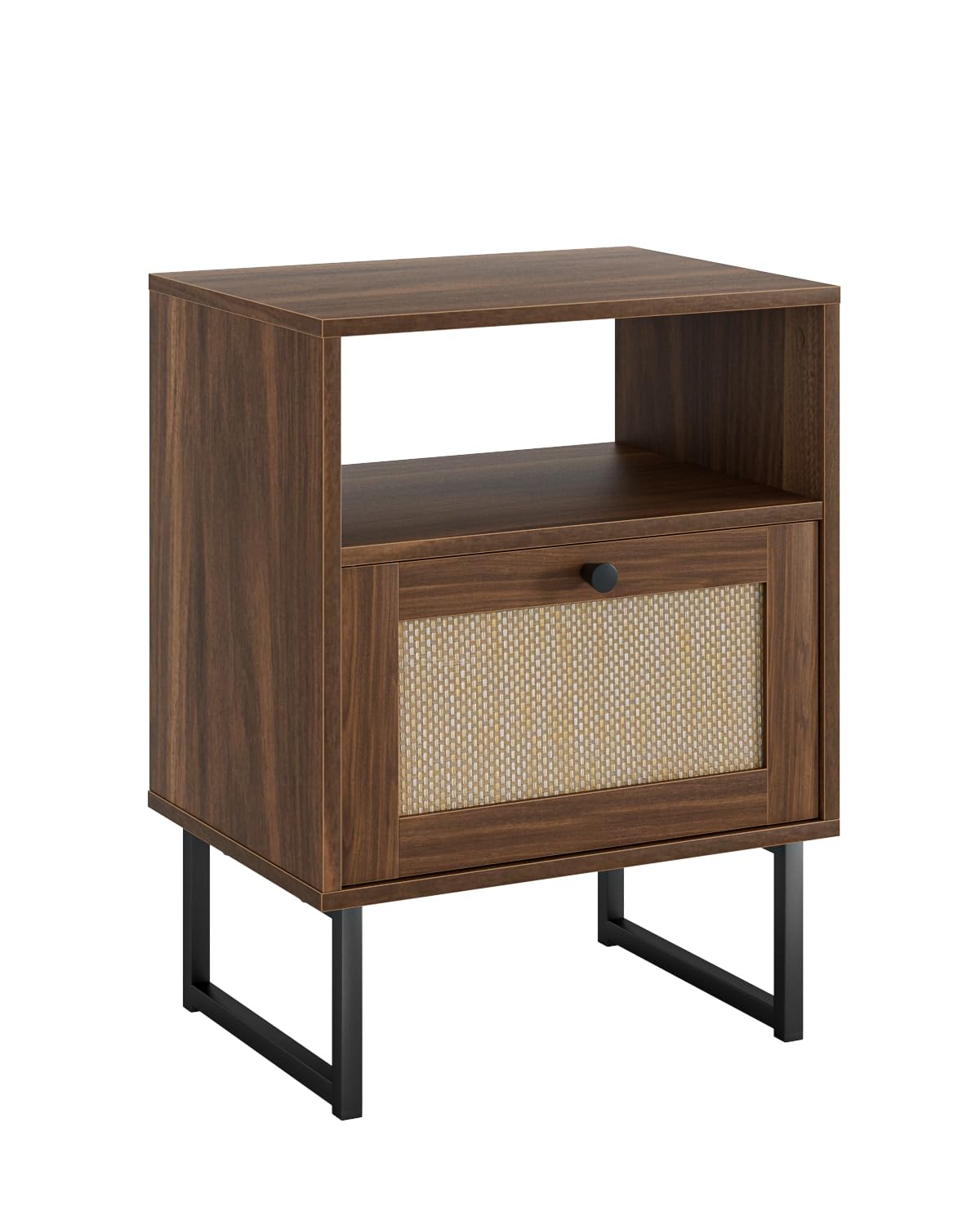 Apetaccat Rattan Nightstand, Boho Night Stand Farmhouse Wood Bedside Table with Storage and Open Shelf, End Side Accent Table for Bedroom,Living Room,Walnut