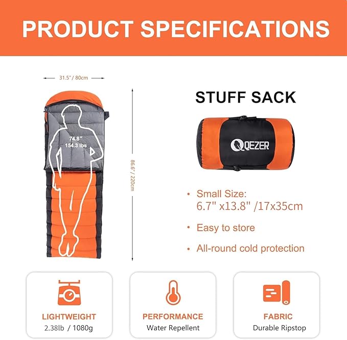 Ultralight Down Sleeping Bag for Adults - 600 Fill Power, Cold Weather, Backpacking, Camping, Hiking