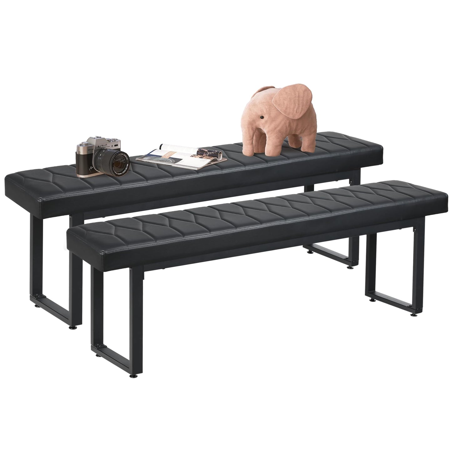STHOUYN 58” Padded Dining Table Bench Pair of 2 for 6-8 Person, Faux Leather Indoor Cushioned Extra Long Bench for Dining Room Table, Bedside Shoe Entryway Benches (Black, 58")
