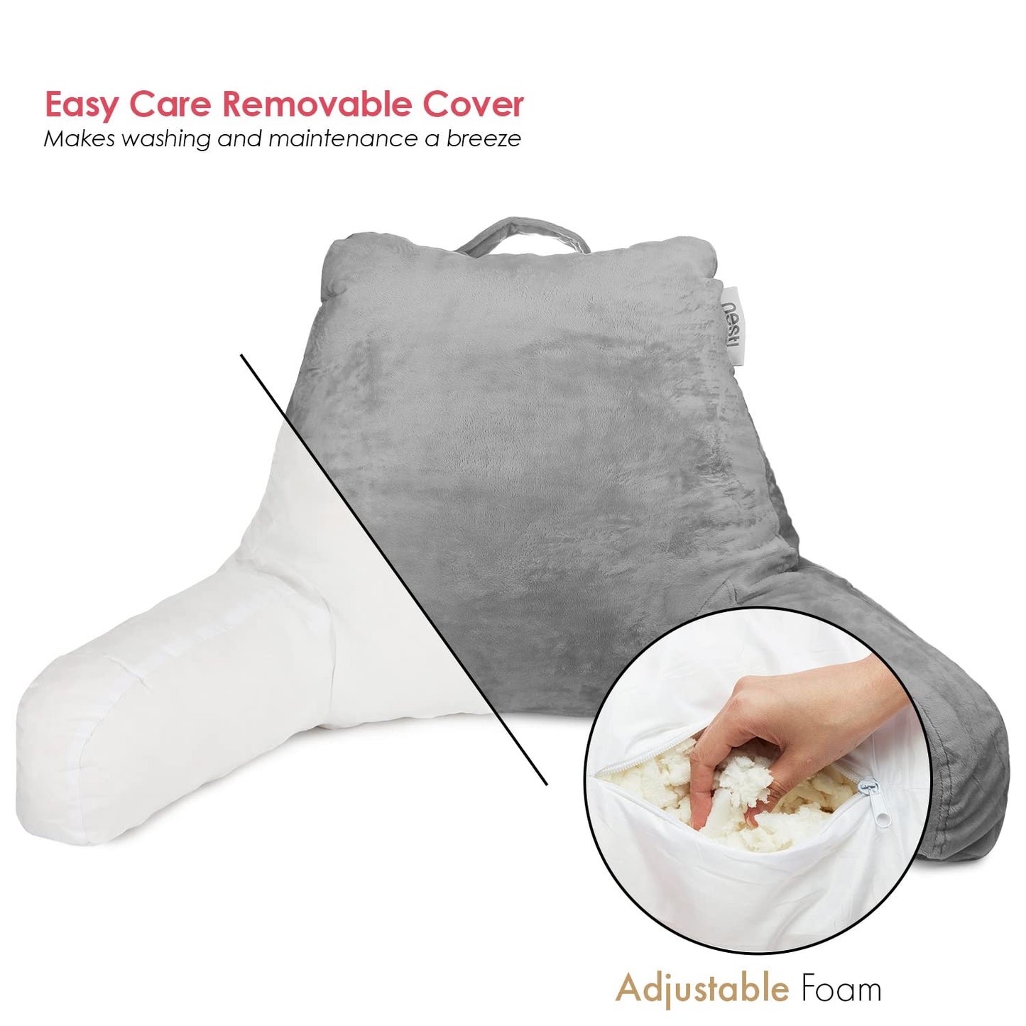 Nestl Reading Pillow with Shredded Memory Foam, Designed for Sitting Up in Bed and Couch, Back and Arms Adjustable Support for Adult & Teens Backrest Pillows for Reading, with Washable Cover Dark Grey
