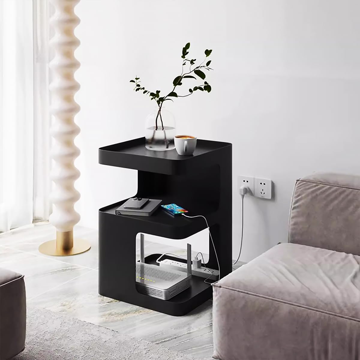 BUZUEY Side Table,Modern end Table,Metal Black nightstand,Bedside Table,3-Tier Accent Table with Storage for Bedroom,Living Room,Small Space,Couch.No Assembly Required
