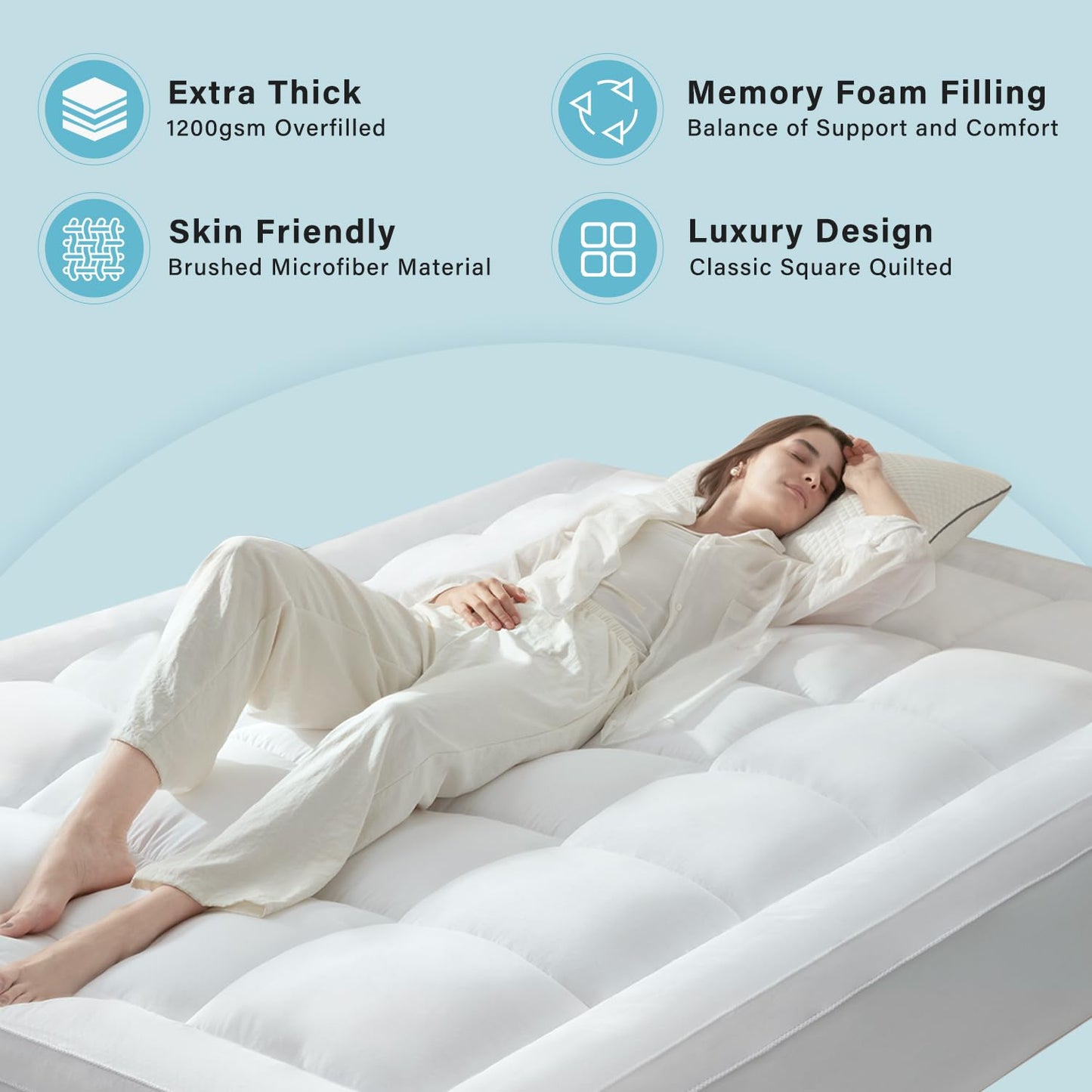 Anluoer Mattress Topper Queen for Back Pain, Memory Foam Pillow Top Mattress Topper Queen, 5X Support Extra Thick Breathable Mattress Pad with 8-21" Deep Pocket, 60x80 Inches, White