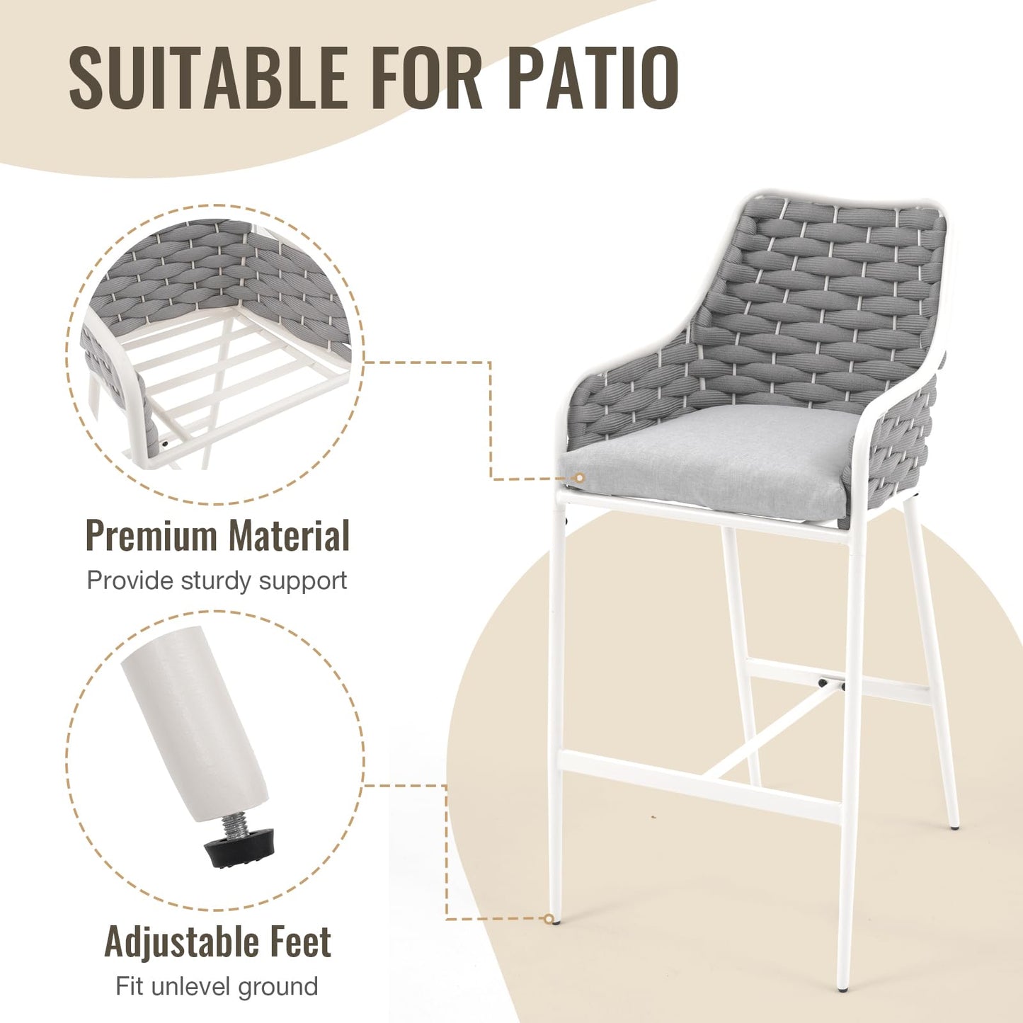 SUNSITT Outdoor Bar Stools Set of 2, 31.8” Patio Metal Counter Height Chairs w/Weather-Resistant Cushion, Woven Rope Design Modern Bar Height Outdoor Chairs w/Armrest Light Gray for Garden Poolside