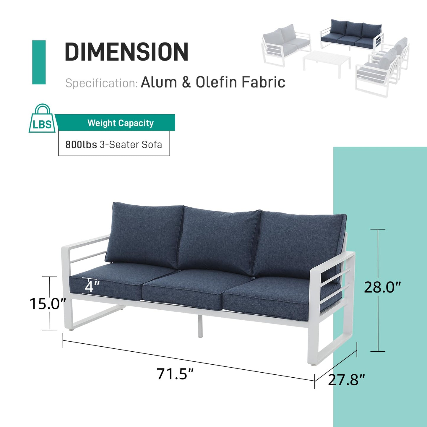 Patiorama Aluminum Patio Furniture Set, Outdoor Patio 3-Seater Sofa, 3 Seats Couch, All Weather White Metal Chair with Olefin Cushion, Deep Seating, 800 lbs Capacity, Deck, Garden-Blue Cushion