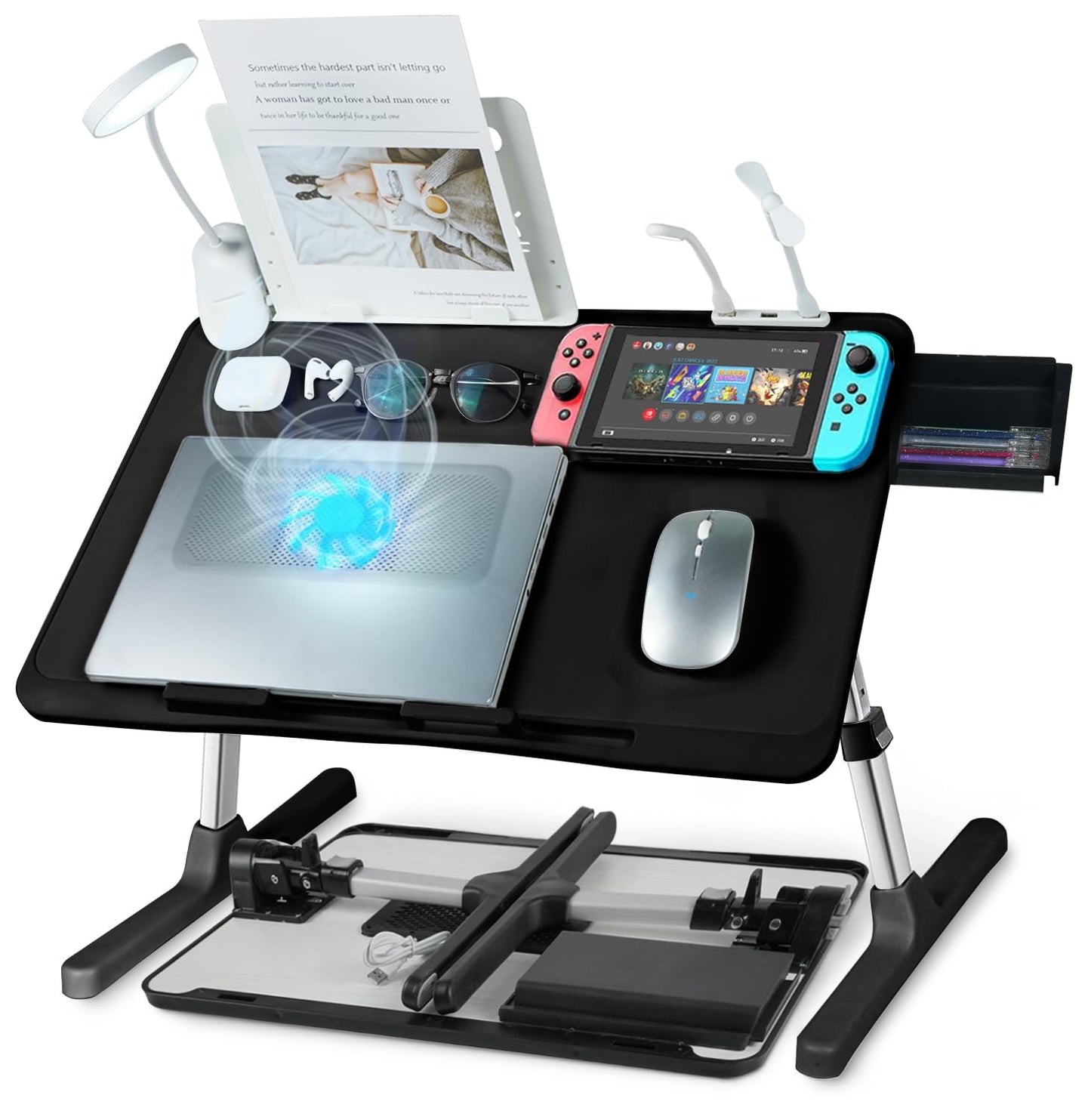 iXTRA Laptop Lap Desk with Cooling Fan - Adjustable with Light, USB, Storage Drawer - Folding Bed Desk,22.04"*12.59",Black