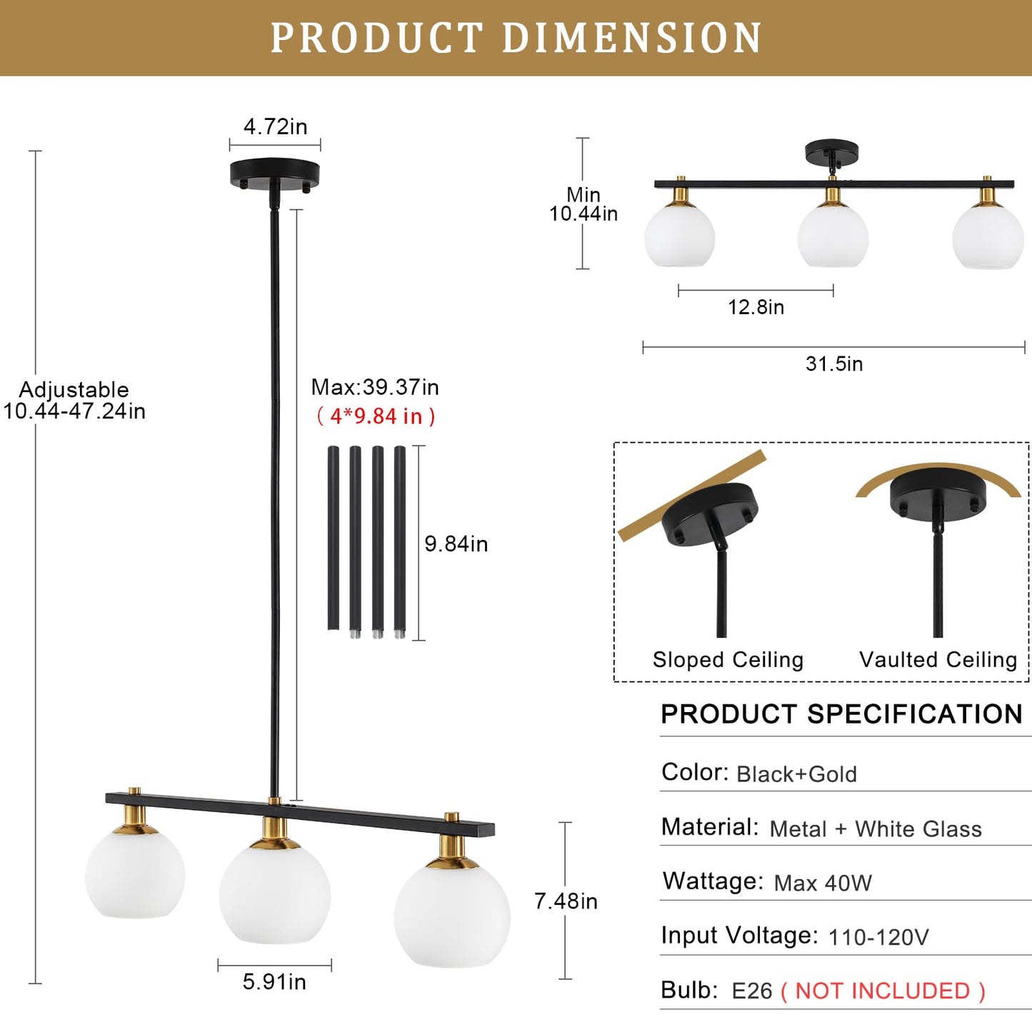 Black and Gold Chandeliers for Dining Room Chandelier Over Table 3-Light Kitchen Island Lighting with Glass Shades Linear Pendant Lighting Fixture Modern Island Lights for Kitchen Table Foyer Bar