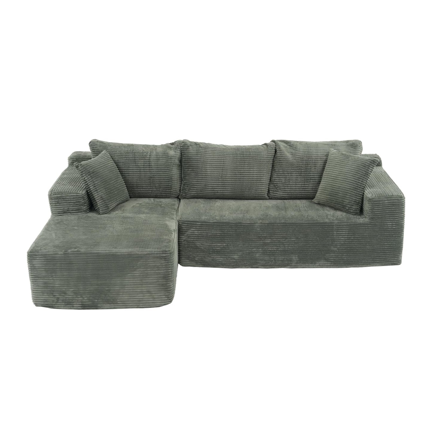 OC Orange-Casual 106.3" Cloud Sectional Couch with L-Shape Chaise,No Assembly Required Modular Sofa,Upholstered Boneless Couches for Living Room, Plush Corduroy Fabric (Green, Left Facing Chaise)