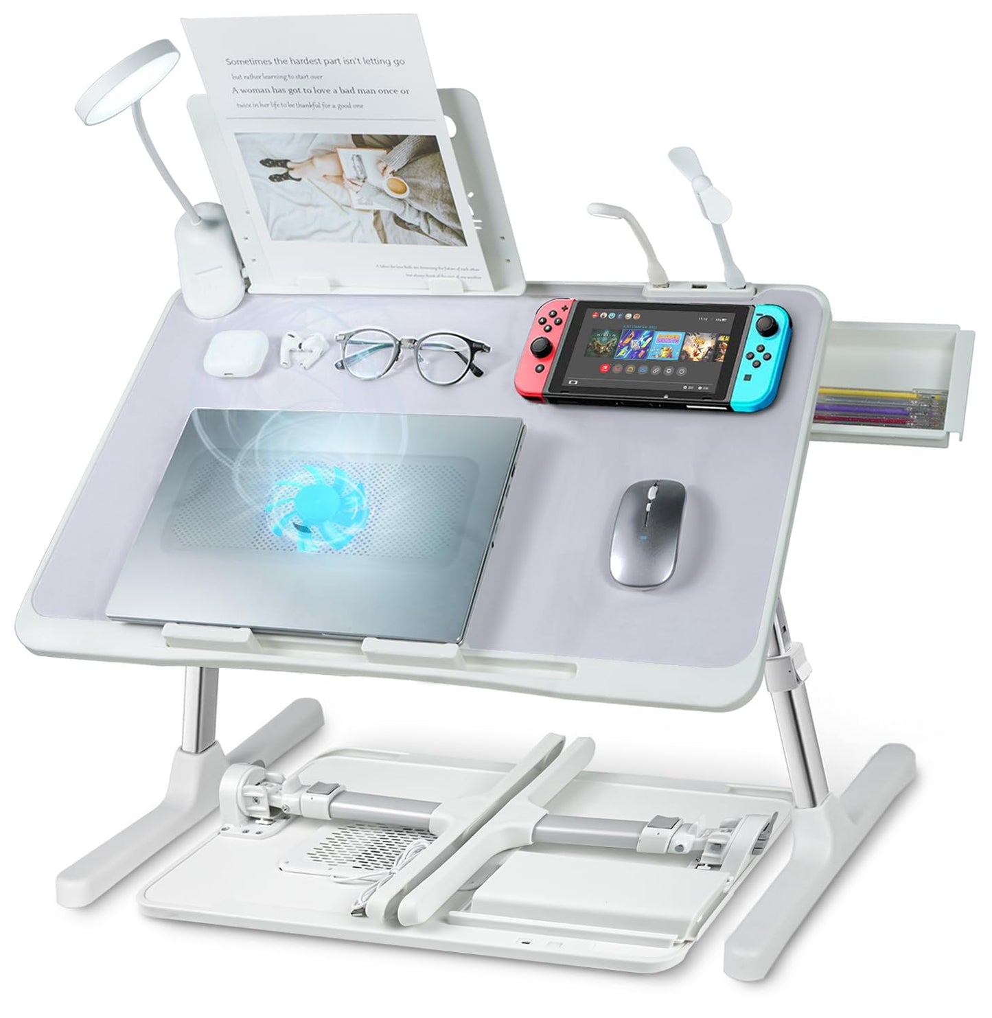 iXTRA Laptop Lap Desk with Cooling Fan - Adjustable with Light, USB, Storage Drawer - Folding Bed Desk,23.62"*15.74",Grey