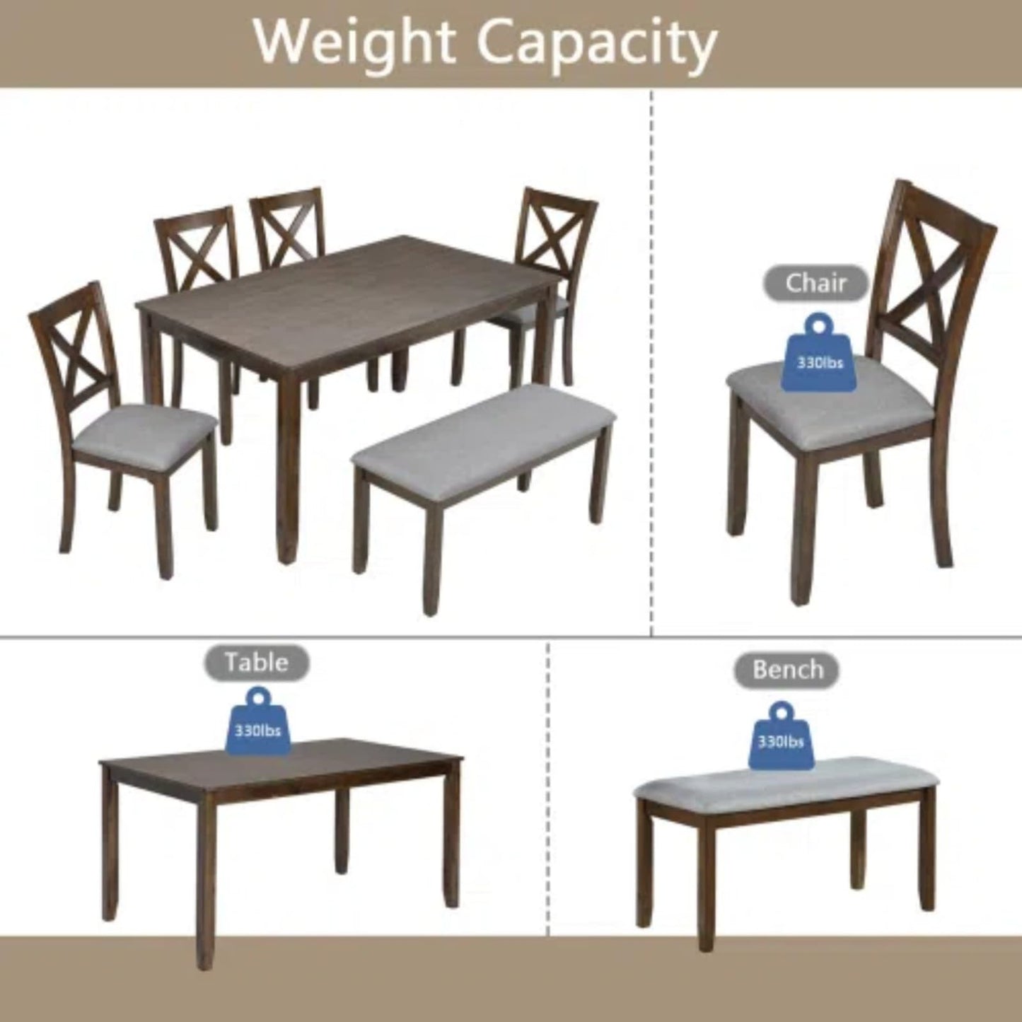 Trygoal 6-Piece Dining Table Set for 4-6 People, Kitchen Set with 4 Upholstered Chairs and One Bench, Living Room Chairs with X-Shape Backrest, Rectangular Wooden Table for Home Bar, Walnut