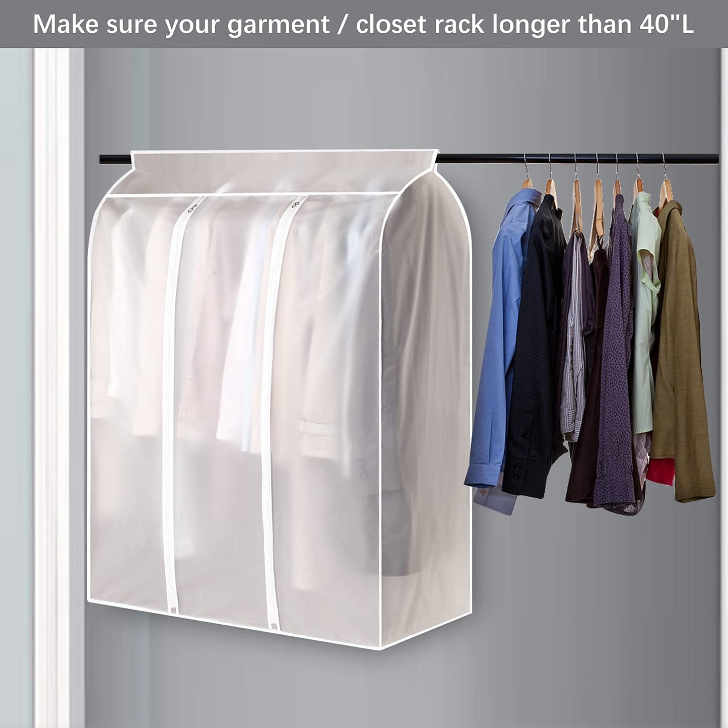 Aichong 50'' Garment Bags for Hanging Clothes, Large Translucent Frosted Garment Rack Cover Bags with Zipper and Hook and Loop Closure, Polyethylene Material, White