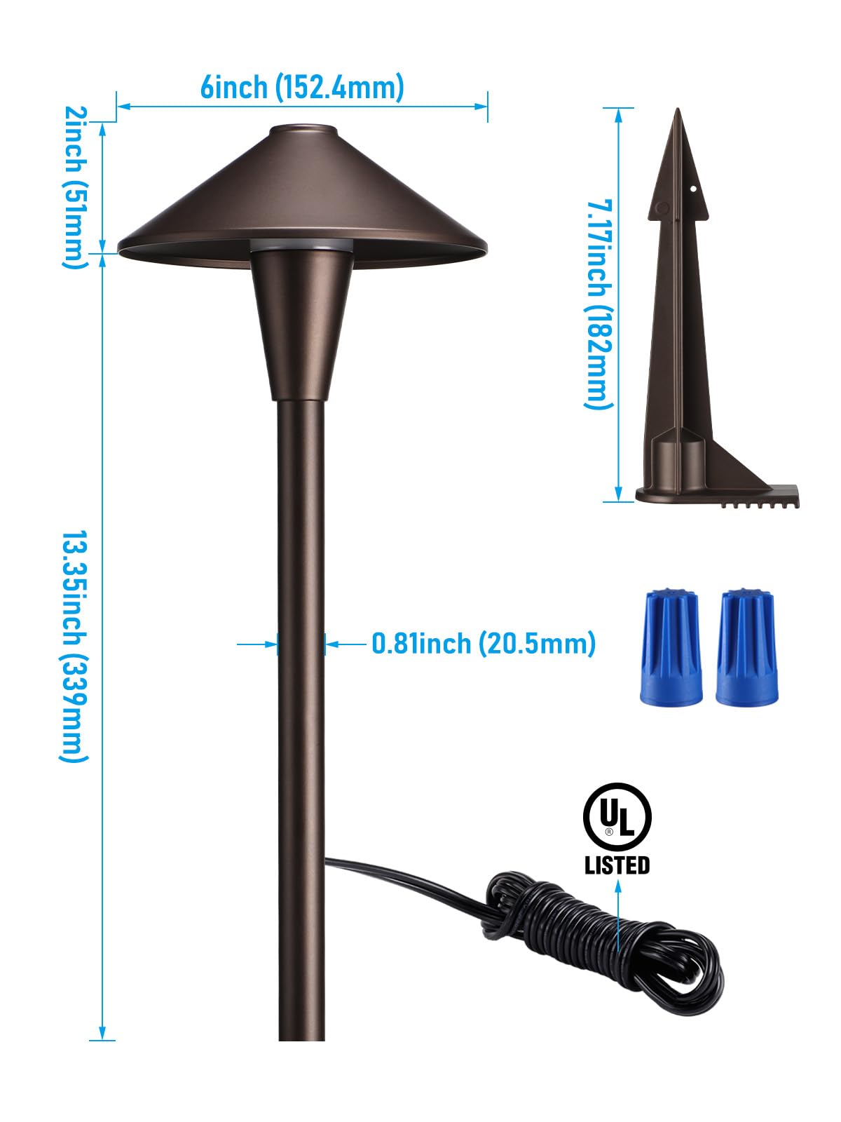 LEONLITE 3CCT Low Voltage Pathway Lights, LED Landscape Path Lights, 3000K/4000K/5000K, Flat Cone Head, 12-24V AC/DC, IP65 Outdoor Walkway Light, Oil Rubbed Bronze Aluminum, Pack of 6
