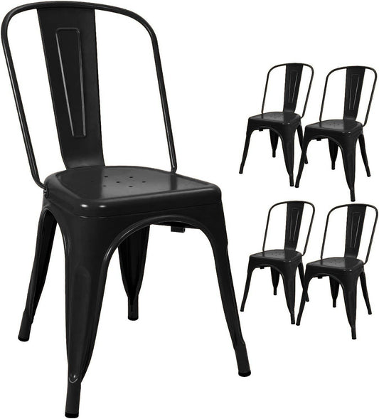 Devoko Metal Indoor-Outdoor Chairs Distressed Style Kitchen Dining Chairs Stackable Side Chairs with Back Set of 4 (Black)