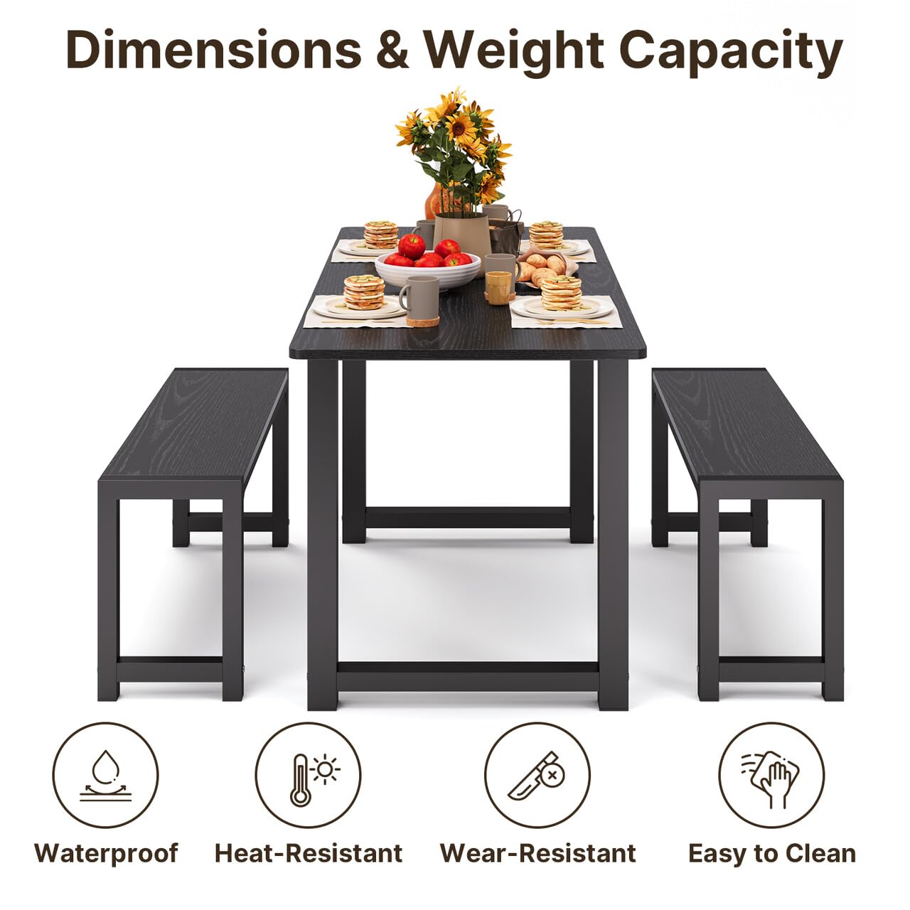 Gizoon 63” Kitchen Table Sets for 4 with 2 Benches Extendable Dining Table Set for 4 with Chairs Dining Room Table and Chairs for Kitchen Apartment Outdoor and Home Office, Black