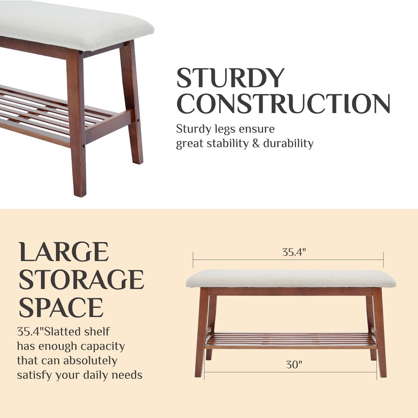 oakvivo Entryway Shoe Bench, 35.4" Bamboo Bench for Bedroom End of Bed, 2-Tier Shoe Rack with Cushion Padded Seat, Shoe Organizer Stable for Entry Hallway Living Room Bedroom, 35.4"W x11.2"D x 17.7"H
