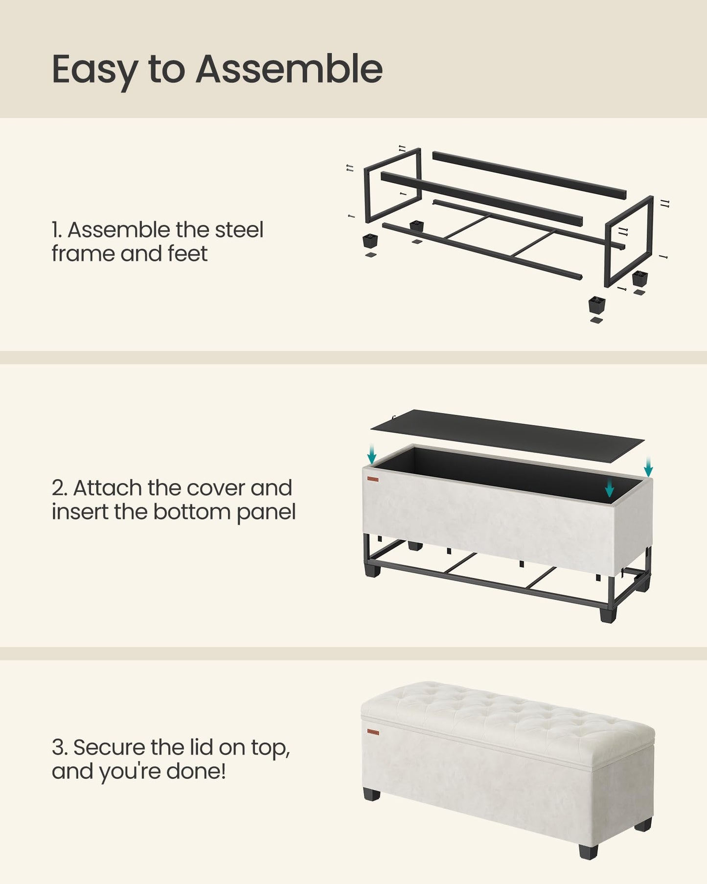 SONGMICS Velvet Storage Ottoman Bench, Foot Rest with Legs, 15.7 x 43 x 15.7 Inches, End of Bed Bench, Storage Chest, Load up to 660 lb, for Living Room, Bedroom, Entryway, Cream White ULSF089W01