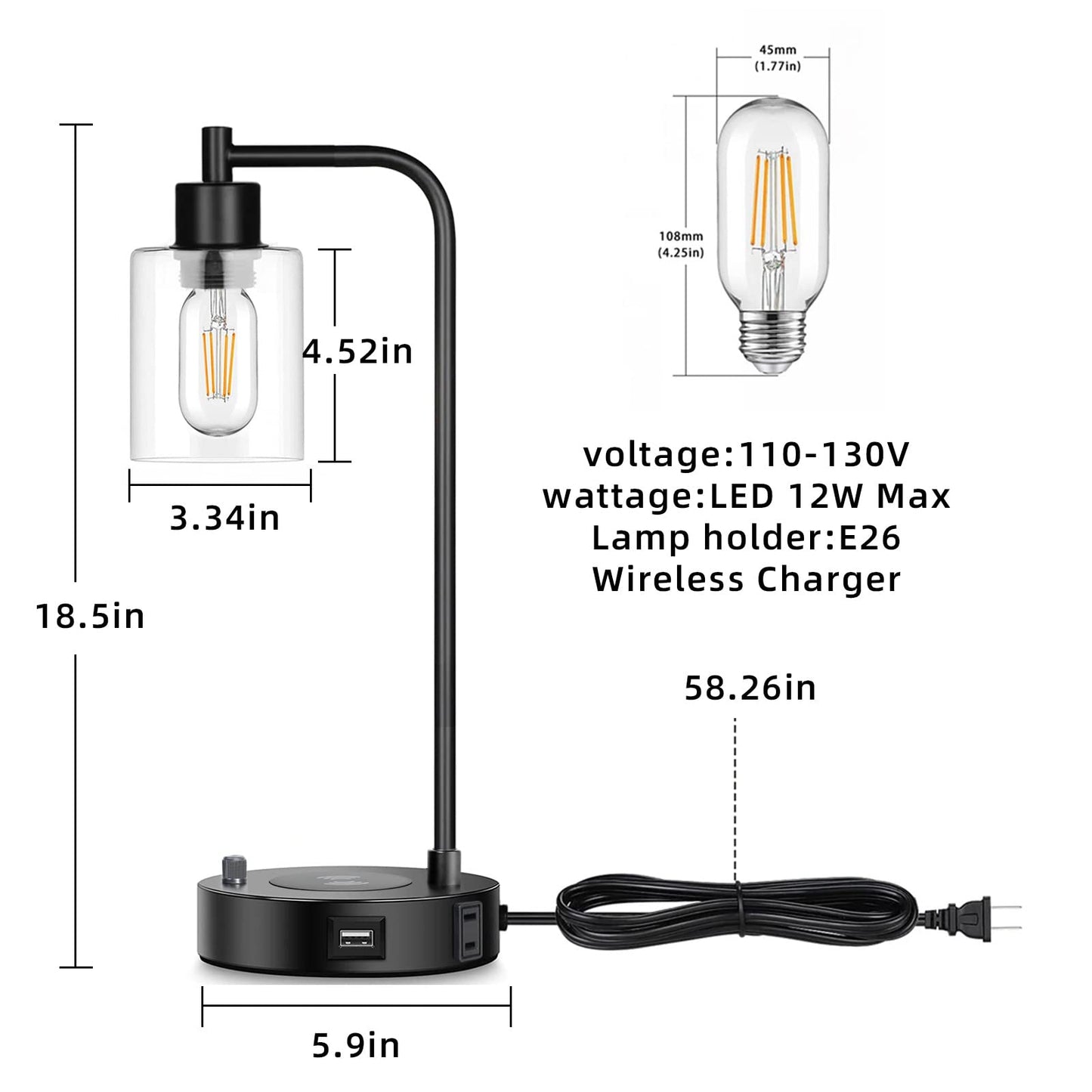 Jomshine Industrial Table Lamp with Wireless Charing, Fully Stepless Dimmable Lamps Nightstand Lamps, Desk Lamp with Glass Shade Reading Lamp for Office Living Room (Black)