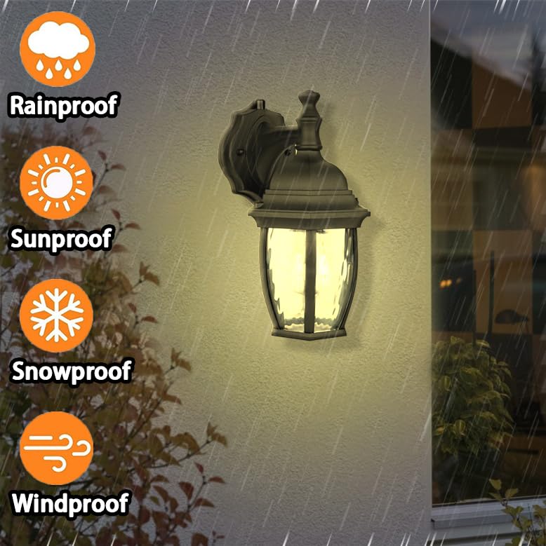 YoonLIT SMARTLIFE Outdoor Wall Sconces Dusk to Dawn, Large Waterproof Porch Light Fixture for Doorway Patio Garage Entryway, Aluminum Housing Plus Clear Water Glas, Black, 1-Pack