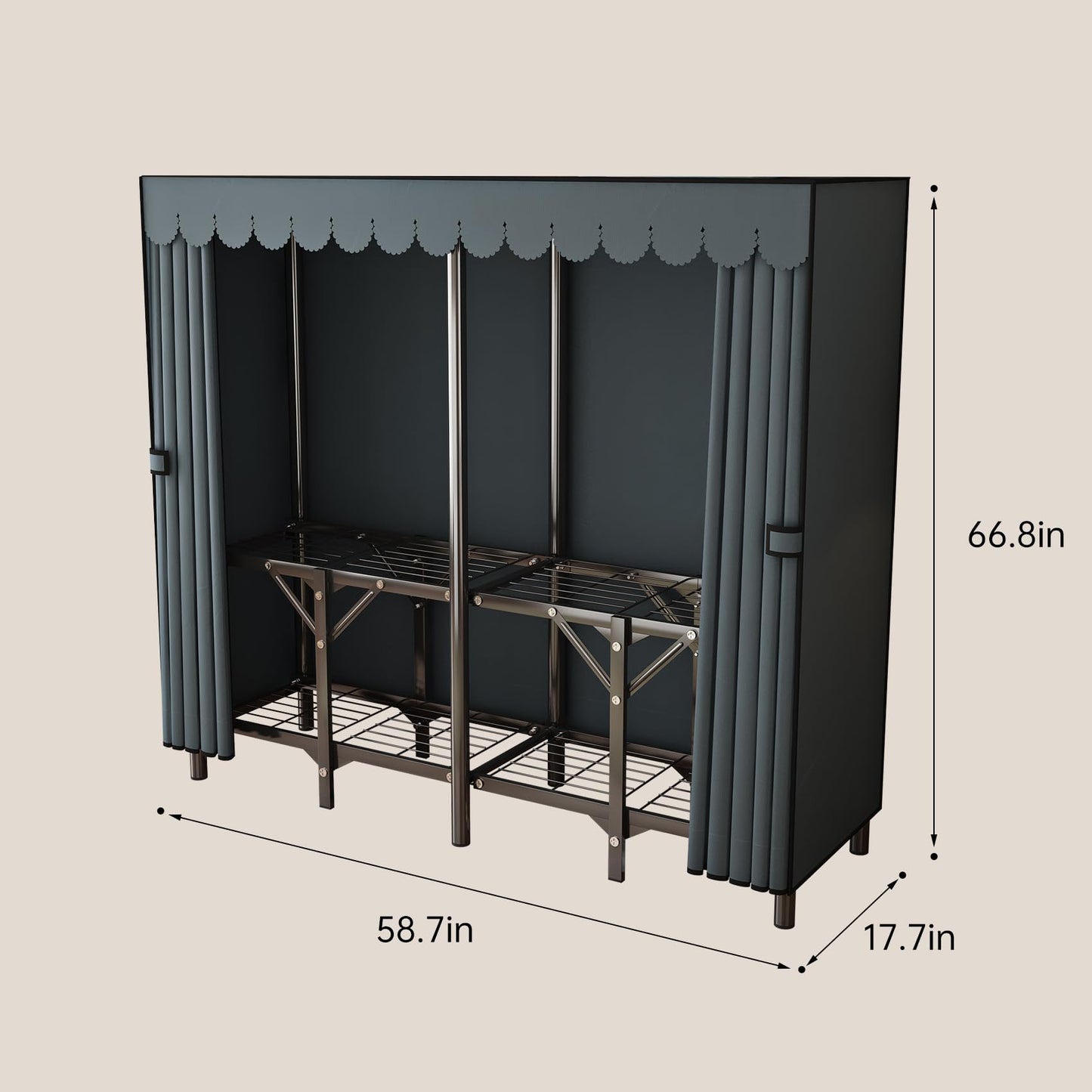 LEAIJIAFY Gray Large Portable Armoire Wardrobe Closet with Foldable Clothing Wardrobe 25MM Steel Pipe Metal Frame Clothes Rack,One Piece Folding Design