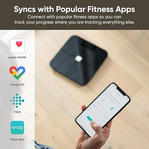 Wyze Smart Scale, Scale for Body Weight, Digital Bathroom Scale for Body Fat, BMI, and Heart Rate, Body Composition Analyzer with App, Batteries Included, Bluetooth, 400 lb, Black-New