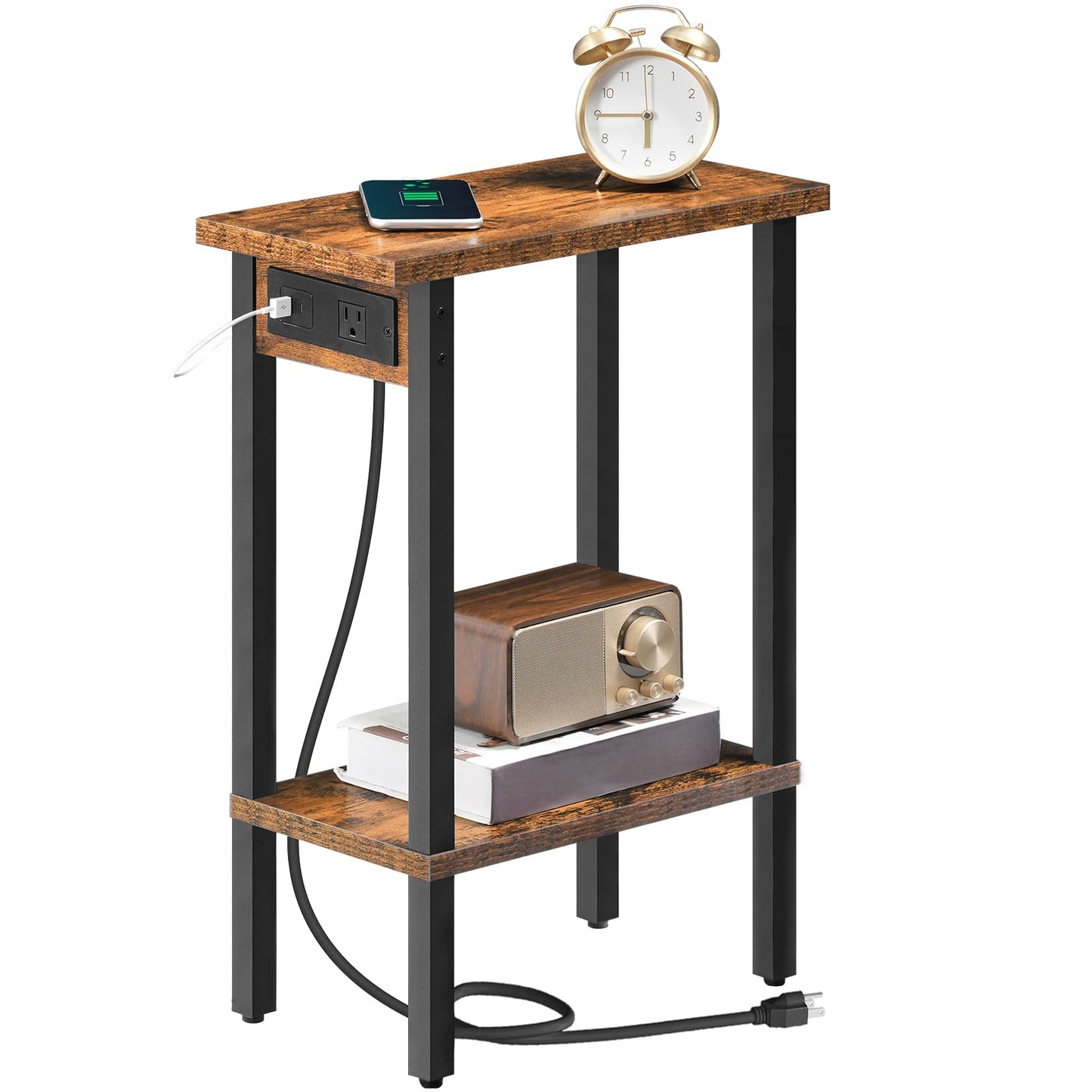 HOOBRO Small End Table with Charging Station, Narrow Side Table with USB Port and Outlets, Skinny Sofa Table, Slim Nightstand, Living Room, Bedroom, Rustic Brown and Black BF240UBZ01