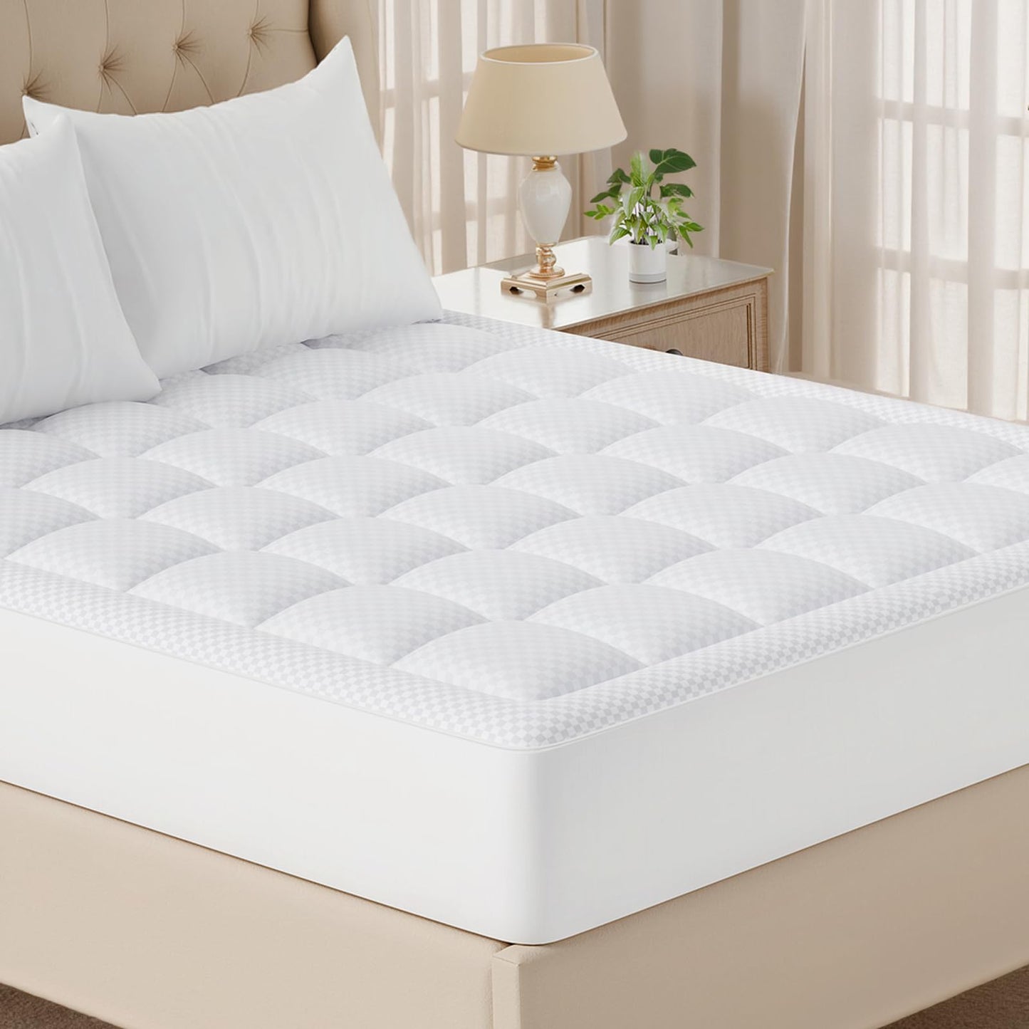 OLANLY Queen Quilted Fitted Mattress Pad, Elastic Fitted Mattress Topper, Cooling Soft Mattress Cover Stretches up to 21 Inches Deep, Machine Washable Mattress Protector (60x80 inch, White)