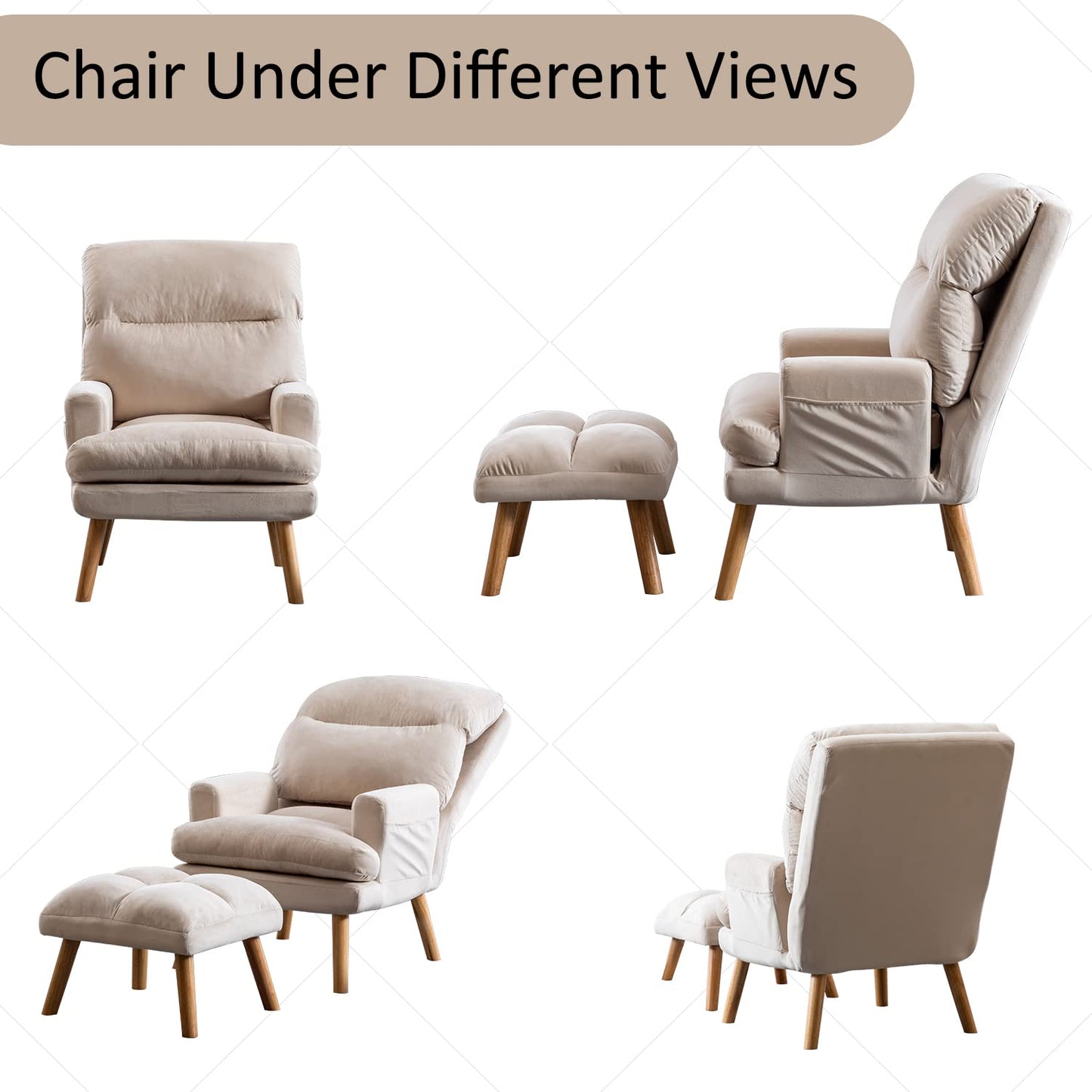 INZOY Accent Chairs with Ottoman, Velvet Fabric Armchair with Ottoman for Bedroom Living Room, Mid Century Modern Chair with Adjustable Backrest and Side Pockets, Beige