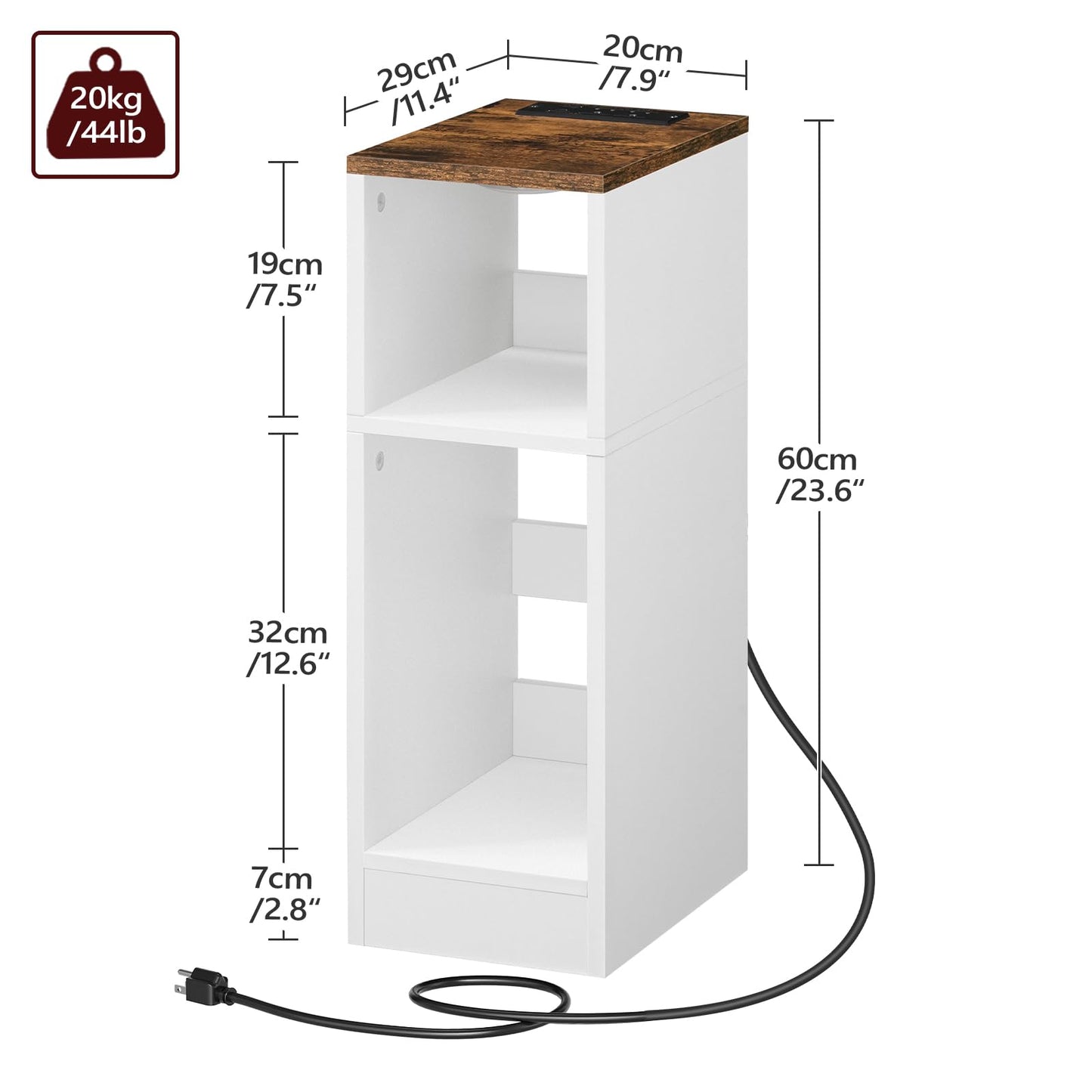MAHANCRIS Narrow Nightstand, Slim End Table with Charging Station and LED Sensor Light, Modern Side Table, Bedside Table, for Small Spaces, Living Room, Bedroom, Rustic Brown and White ETBR25E01