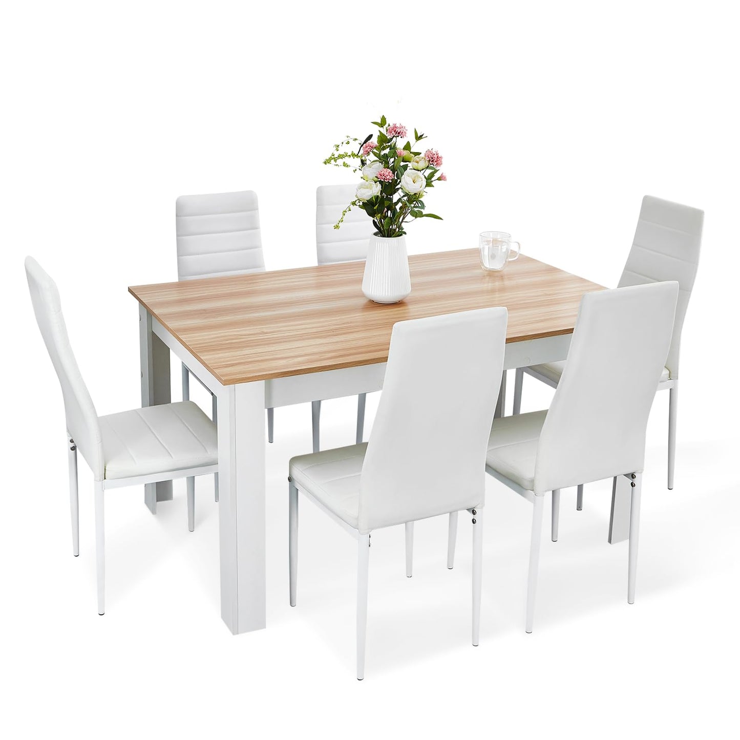 Mondeer Dining Table and Chairs Set 6, 7 Pieces Kitchen Table Set with High Back Faux Leather Chair for Dining Room Kitchen Rectangular Modern (Oak Table White Chairs)