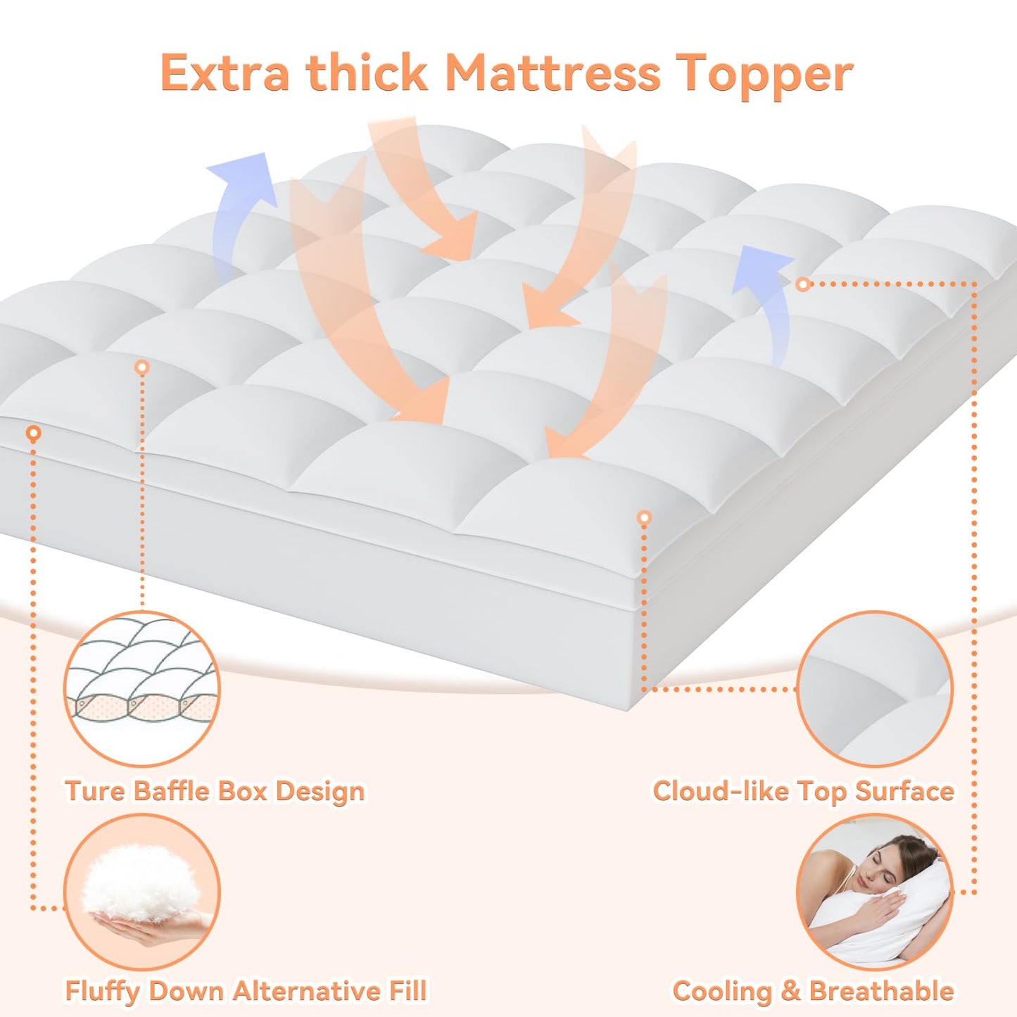 Topllen Cal King Mattress Topper for Back Pain Relief, Extra Thick Pillow Top Plush Mattress Pad with Deep Pocket, Soft Pillowtop California King Size Bed Toppers Filled Fluffy, White