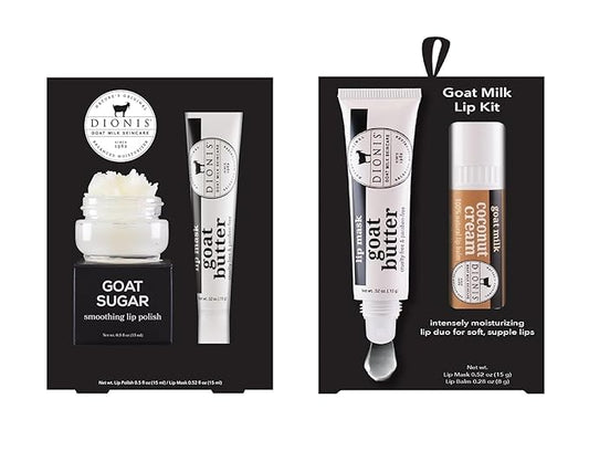 Dionis Goat Milk Lip Care Duo – Original Sugar Scrub & Overnight Mask + Creamy Coconut Overnight Lip Mask & Balm Kit for Nourished, Moisturized Lips