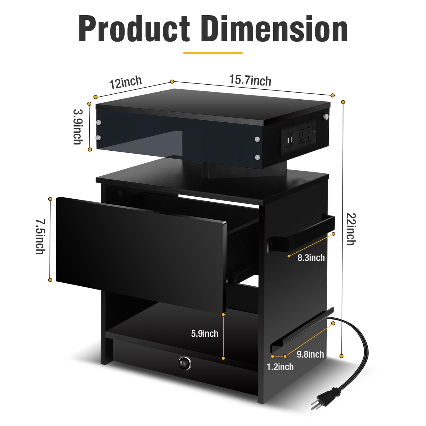 LAINELAND Nightstand Set 2,Nightstand with Charging Station,Induction Light and LED Light,Bedside Table with Drawers,Modern Nightstand End Side Table for Bedroom,Nightstands with Bookshelf,Black