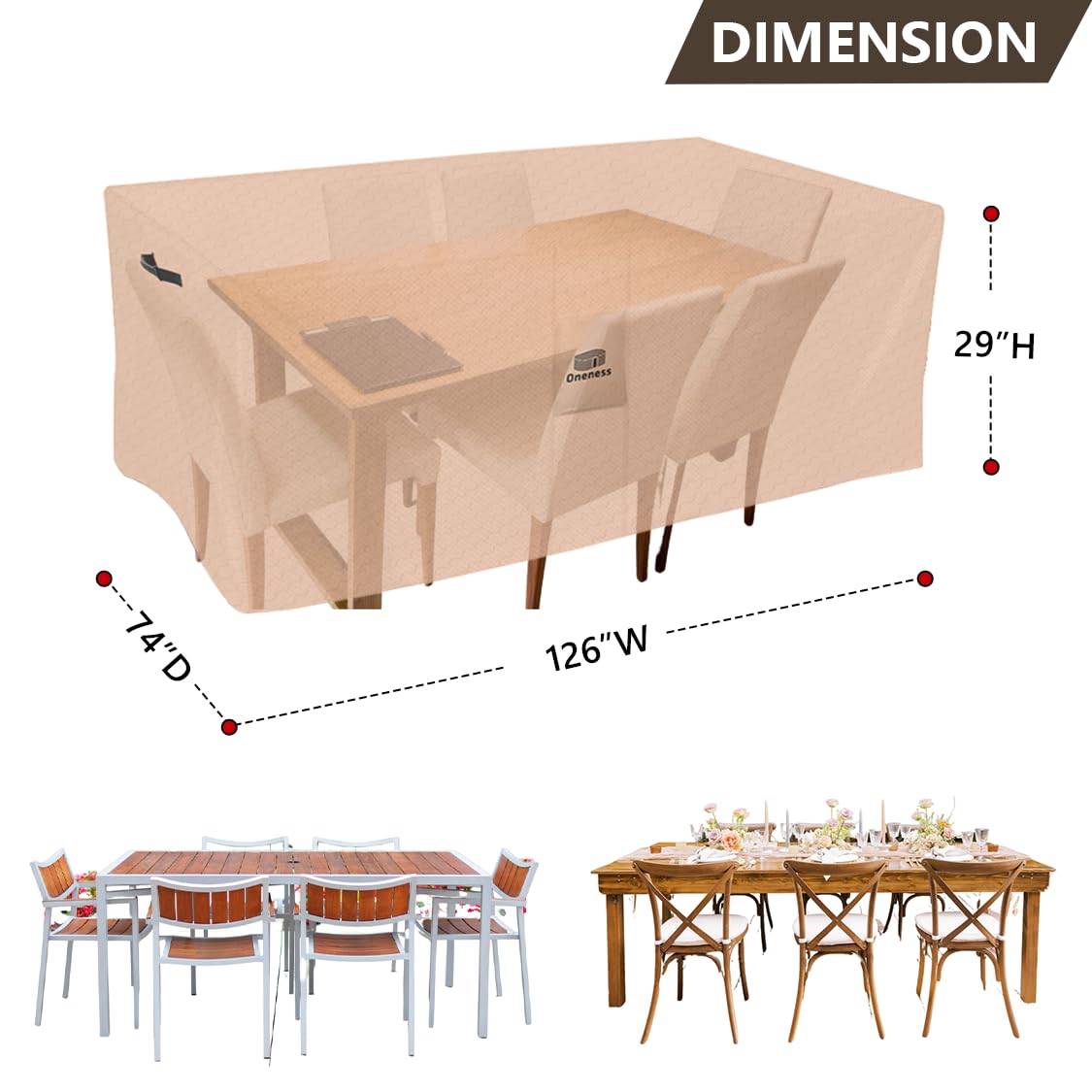 ONENESS Heavy Duty Square Rectangular Patio Table Cover - 126" W x 74" D x 29" H Waterproof Patio Furniture Cover, UV-Resistant Outdoor Dining Table Protector