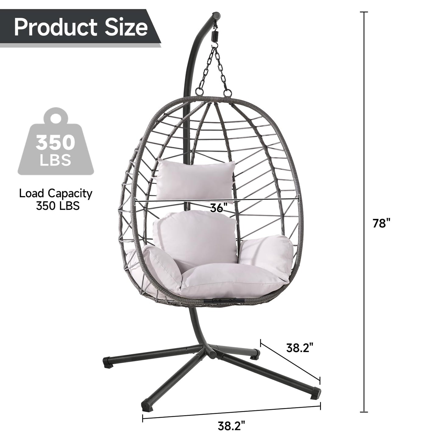 ONBRILL Hanging Egg Chair with Stand, Outdoor Indoor Egg Swing Chair with Cushion Headrest, Rattan Wicker Egg Chair with Dual Chains, 350LBS Capacity for Patio, Porch, Balcony, Bedroom (Khaki)