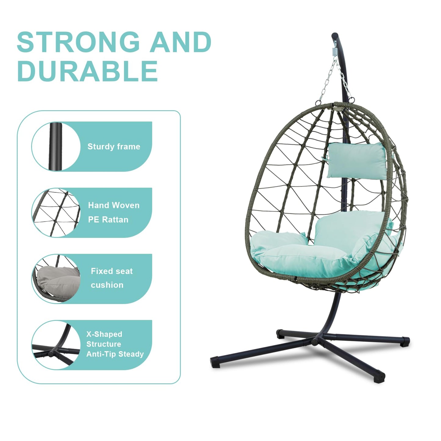 Hanging Egg Chair with Stand Egg Chair Indoor Outdoor, Patio Swing Hammock Egg Chairs, UV Resistant Removable & Washable Thicken Padded Cushions, 350LBS Capacity for Bedroom, Balcony, Garden, Blue
