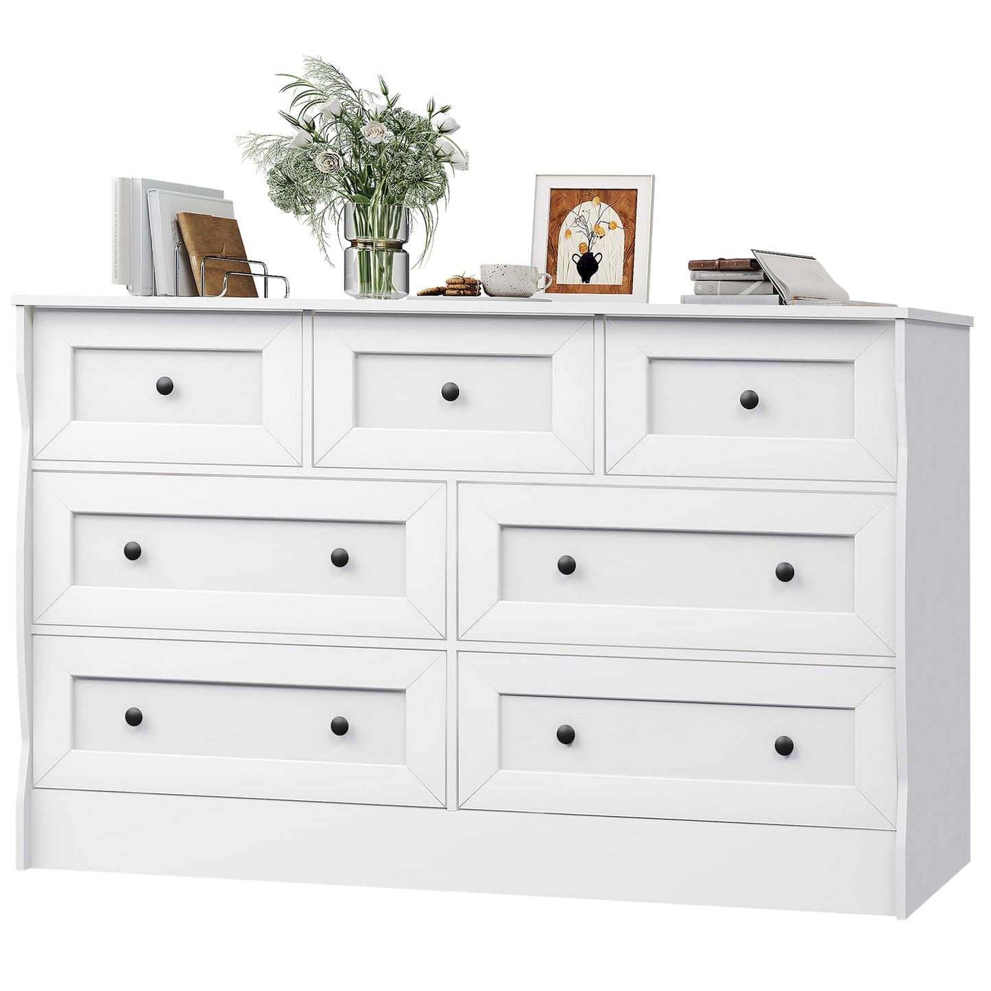 HOOBRO White Dresser for Bedroom, Farmhouse 7 Drawers Dresser, Chest of Drawers with Storage, Minimalist Style, Dressers Organizer for Bedroom, Living Room, Hallway, Entryway, White