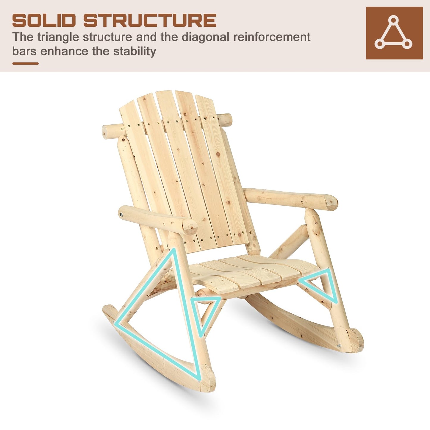HOMEDIARY Wooden Adirondack Rocking Chair, Patio Log Rocker Outdoor Lounge Chair with Slatted Wooden Design, High Fanned Back & Classic Rustic Style for Garden Patio Backyard Porch (Set of 2, Natural)