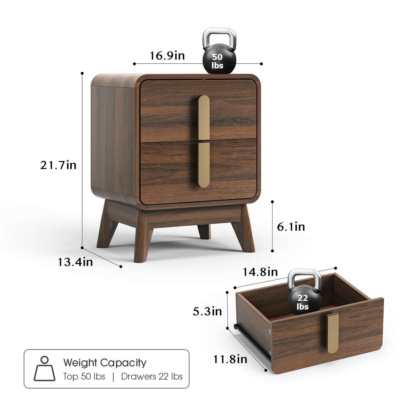 JOINICE Nightstand Set of 2, Mid Century Modern Bedside Table with 2 Drawers & Metal Handle, Curved Profile Brown Night Stand with Storage, Solid Wood Feet End Table for Bedroom, Dark Walnut