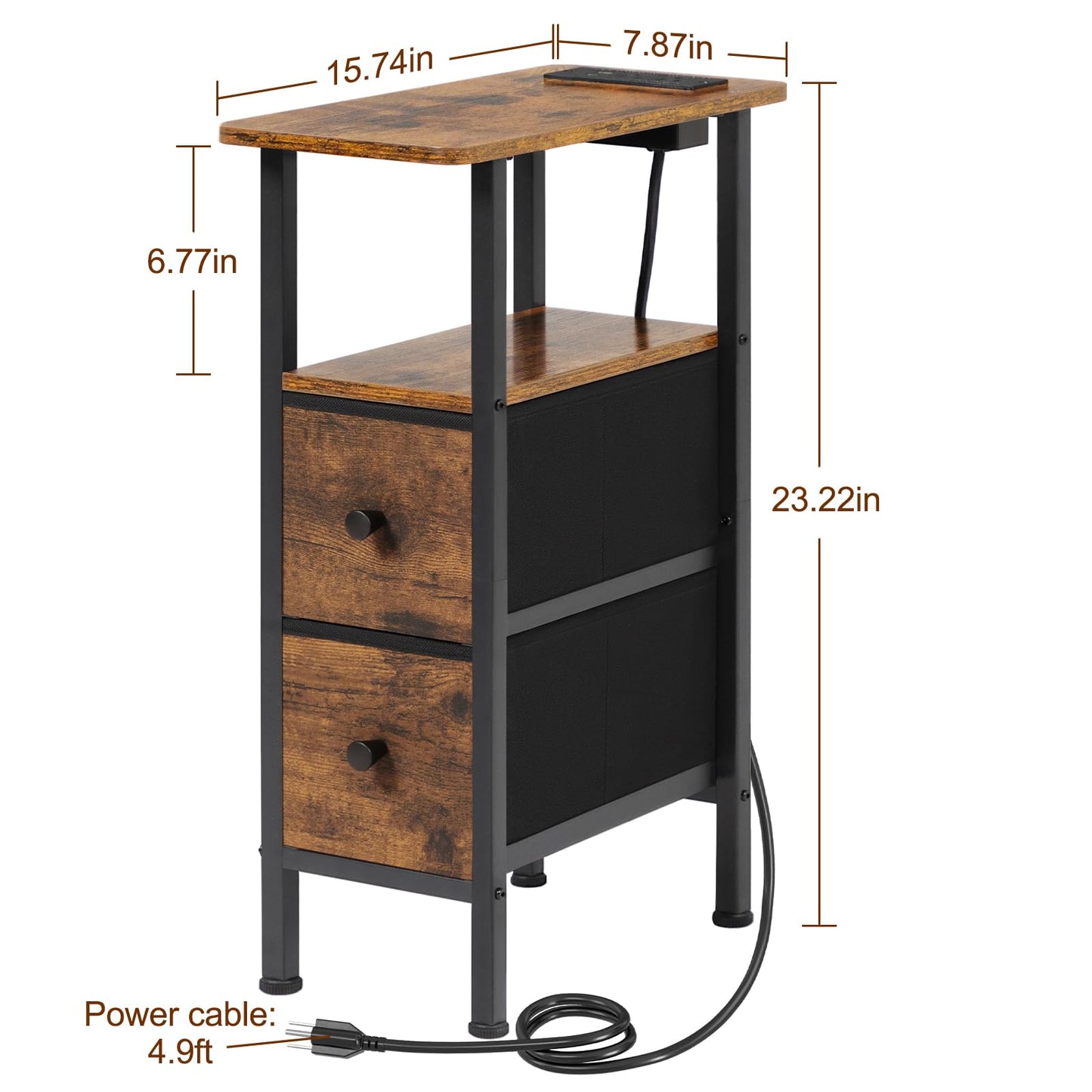 LOAKEKEL Narrow End Tables Living Room Set of 2 with Charging Station, Skinny Side Table with Fabric Drawers, Slim Nightstand for Bedroom, Small Spaces, Couch, Brown, HETNDP02BR