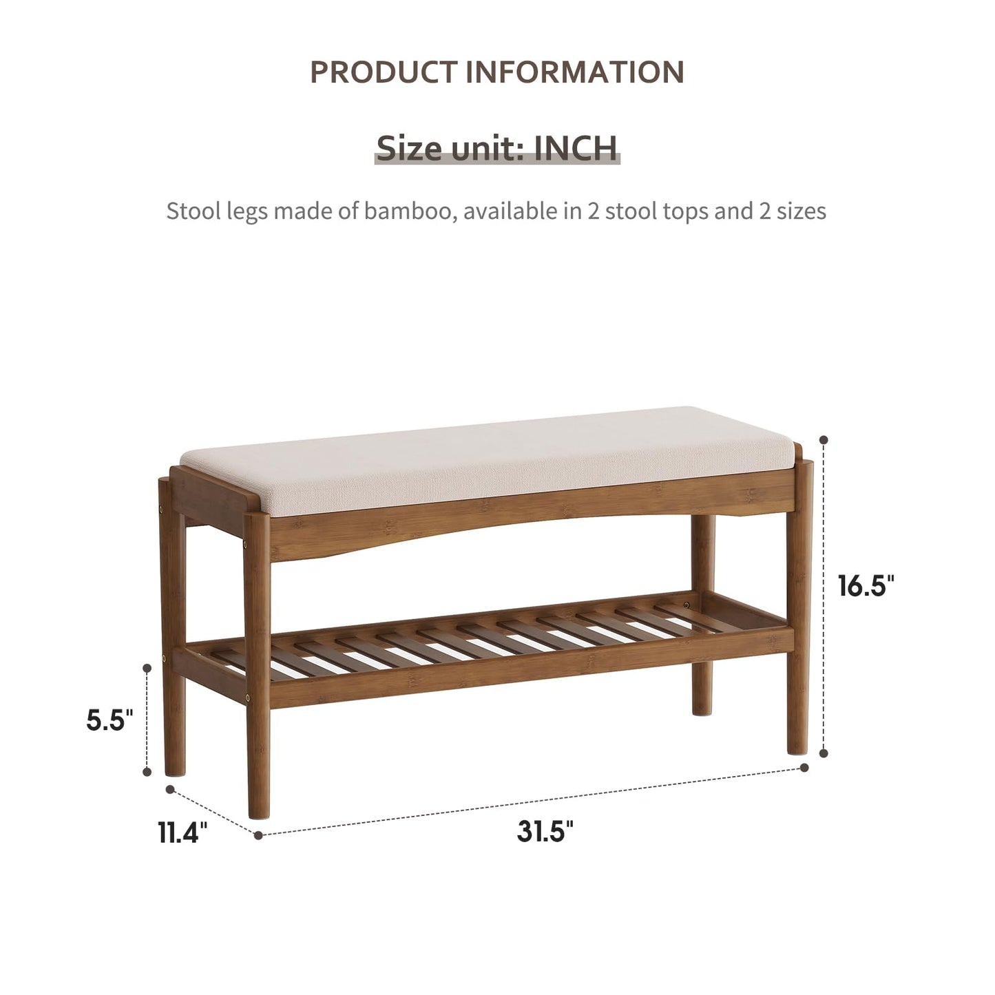 STDDRE Shoe Bench Entryway Bamboo 2-Tier Shoe Rack with Cushion Padded Seat Shoe Bench Organizer Stable for Entry, Hallway, Living Room, Bedroom, Closet (31.5 * 11.4 * 16.5IN, Brown-Beige)