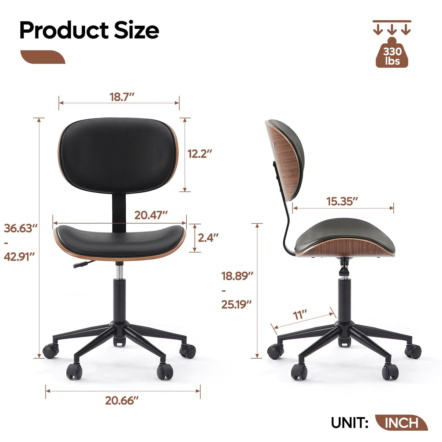 Bestier Small Office Chair with Bentwood Back Support, Armless Desk Chair with 360° Swivel, Height Adjustable Computer Chair with Wheels, PU Leather Modern for Office, Small Space, Black