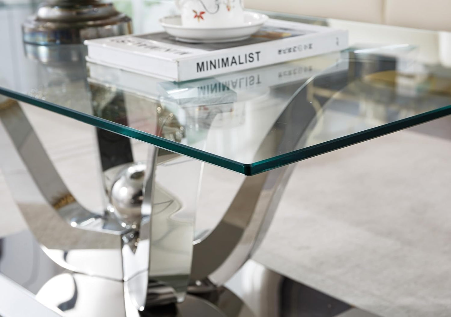 Modern Silver Glass Coffee Table, 47" Rectangle Coffee Table with Tempered Glass Top&Stainless Steel Flower-Shape Base, Luxury Glass Living Room Center Table Accent Cocktail Table for Home Office