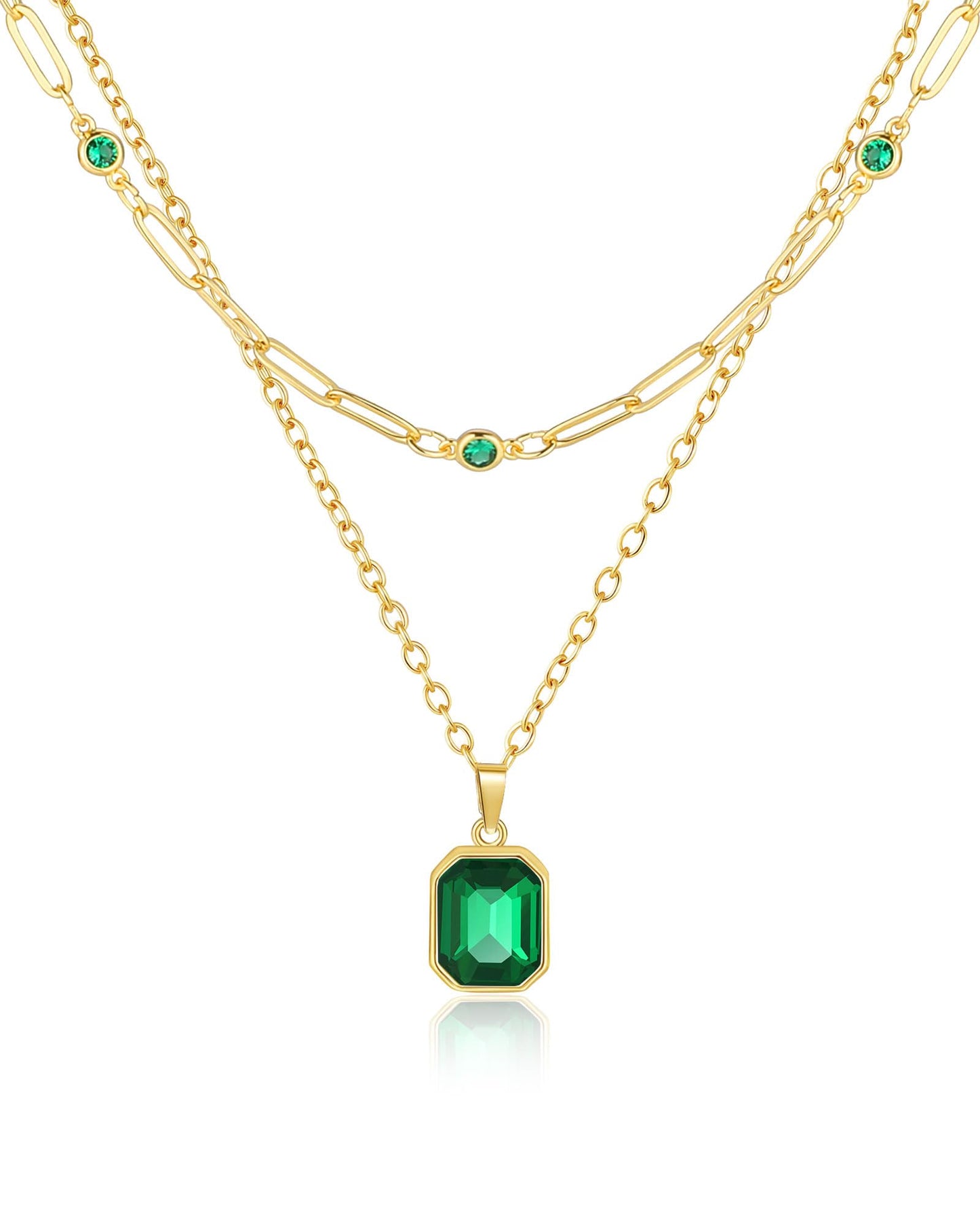 Lourny Gold Layered Crystal Necklace for Women, 18K Gold Plated Choker Emerald Green Dainty Chain Trendy Statement Necklace Jewelry for Women Gifts (Green-1)