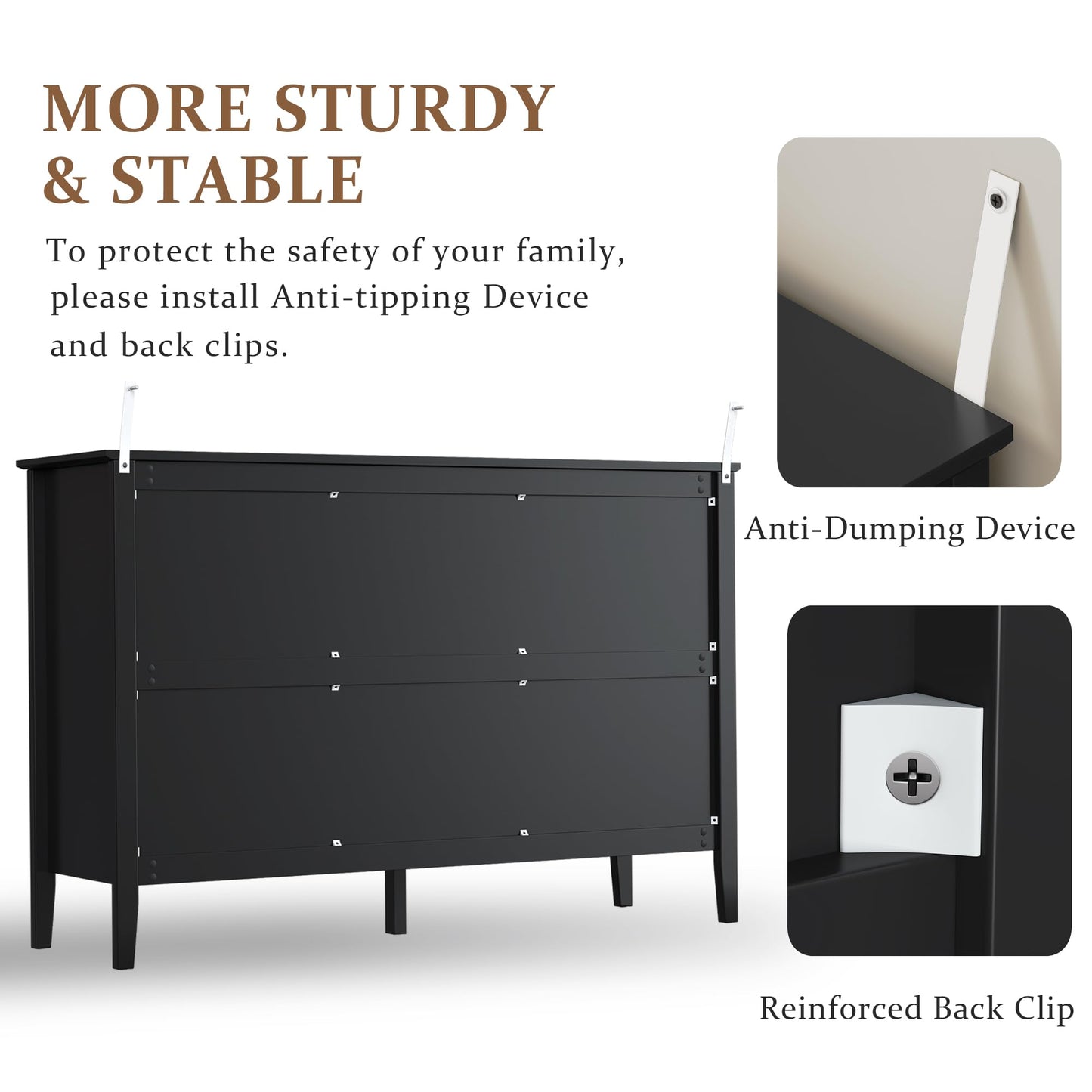 RoyalCraft Black 6 Drawer Dresser, Fluted Modern Wood Dresser, Double Chest of Drawers for Bedroom, TV Stand Storage Cabinet for Living Room