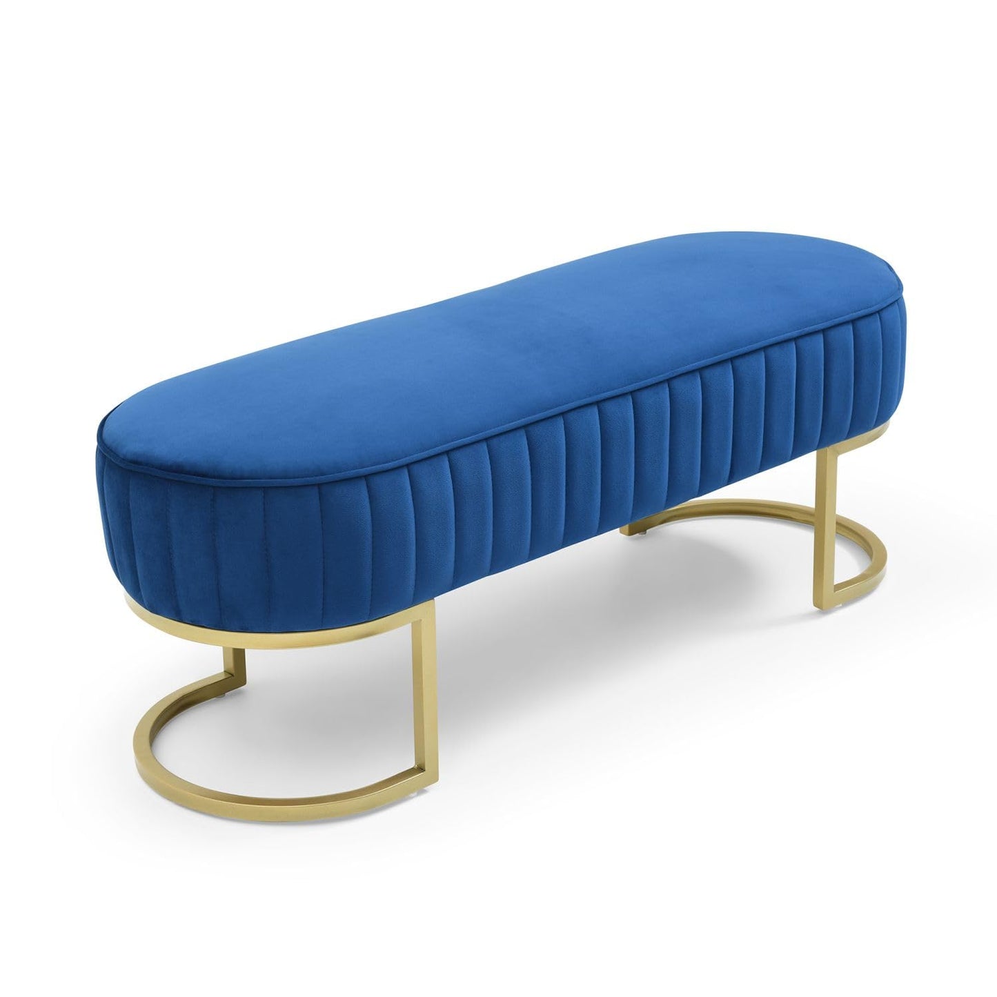 UOCFYK Bedroom Bench, Velvet Upholstered End of Bed Bench with Curved Gold Metal, 48" Ottoman Bench for Living Room, Entryway, Window, Blue