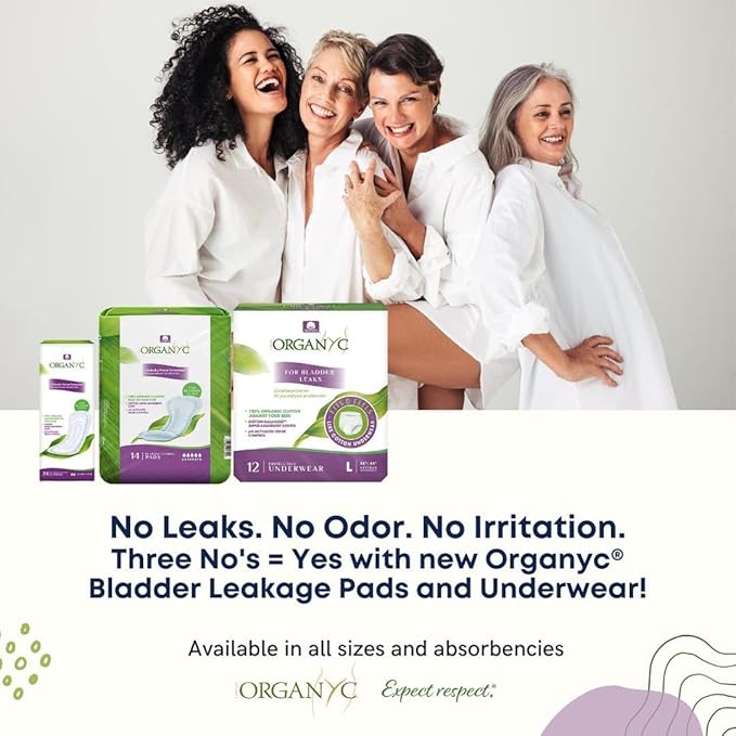 Organyc – 100% Organic Cotton Inside and Out Light Incontinence Pads for Bladder Leaks, FSA/HSA Eligible, Ultimate Flow, 14 Count