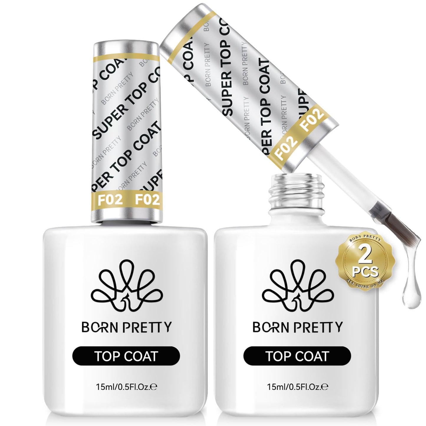 Born Pretty Super Top Gel, High Gloss Shiny Long Lasting Top Gel Polish, Glossy Clear Soak Off U V & Nail Lamp Gel Nails DIY Top Gel Coat 15ml 2pcs