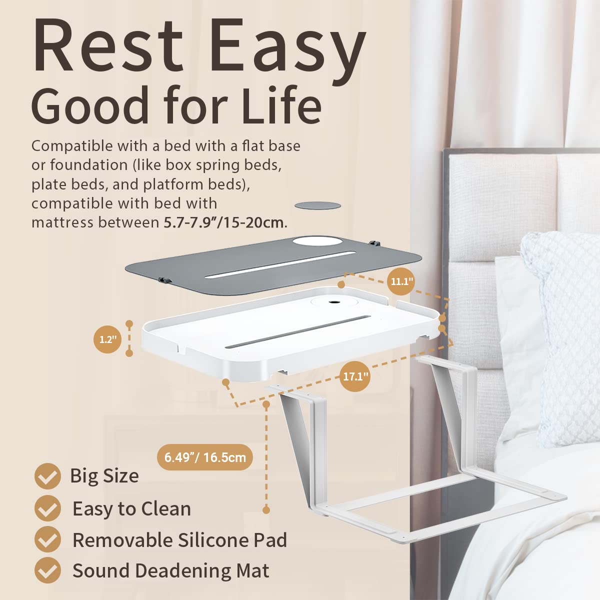 KIWIFOTOS Bedside Shelf for Bedside Storage Rack Removable Tray Bedside Table Nightstand Shelf for Bed Mattress (Insert into Mattress/L Shape)
