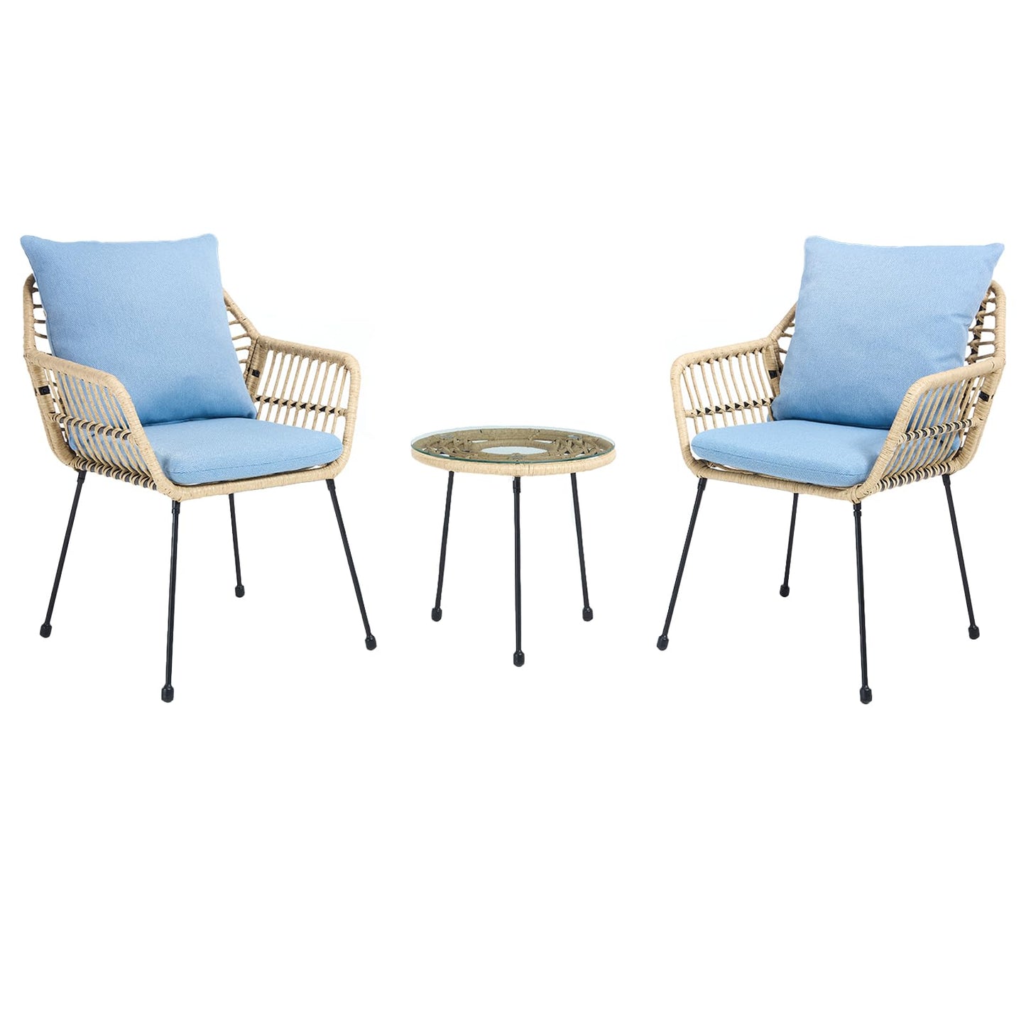 DAYARUS 3 Pieces Patio Bistro Set, Upholstered Rattan Outdoor Chairs with Coffee Table, Metal Frame Bistro Table and Chairs Set of 2, Modern Patio Conversation Set for Porch/Yard/Pool, Blue