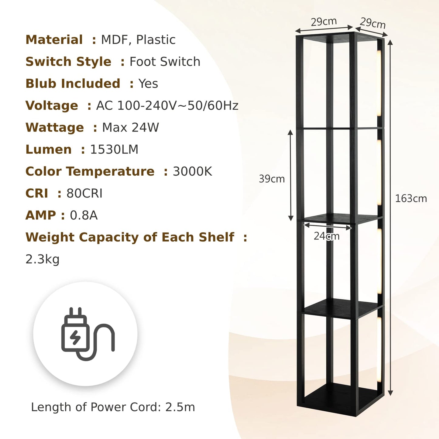 Tall Floor Lamp with Shelves, 3-Level Dimmable LED Light, Rotatable Poles, Foot Switch, 4-Tier Reading for Living Room, Bedroom, Office Decor
