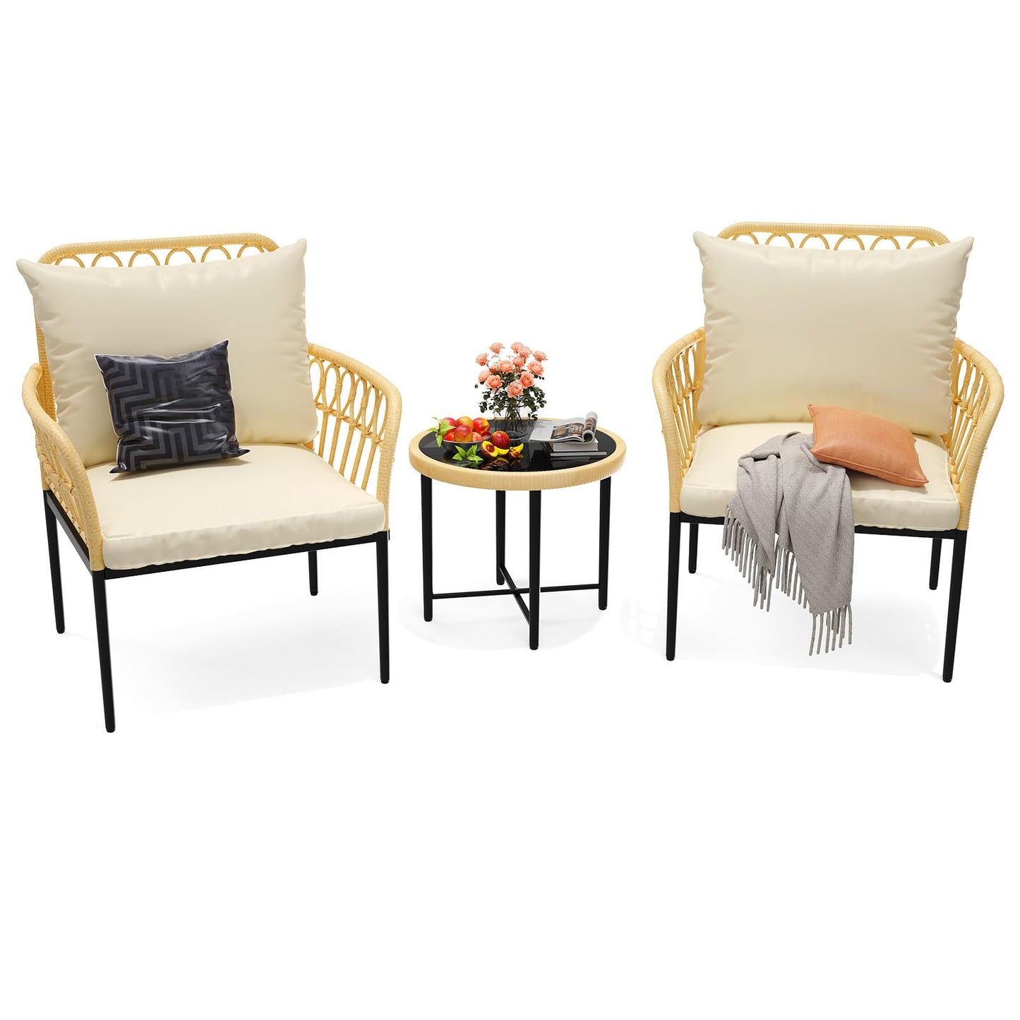 Garvee Bistro Set 3-Piece, Patio Conversation Set, All-Weather Wicker Outdoor Sectional Furniture Chairs with Table & Cushions Beige for Garden Patio Deck